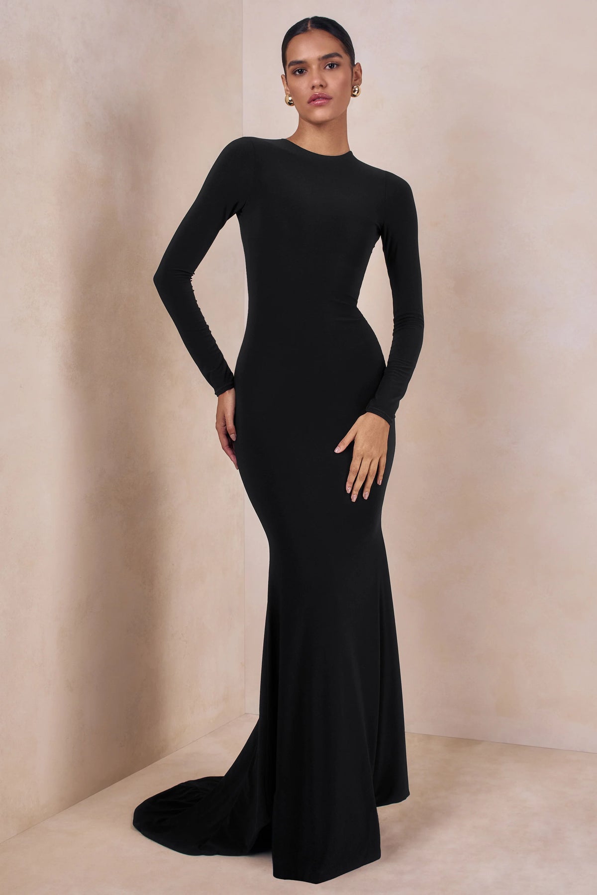 One Step Ahead Black Long Sleeve Backless Fishtail Maxi Dress