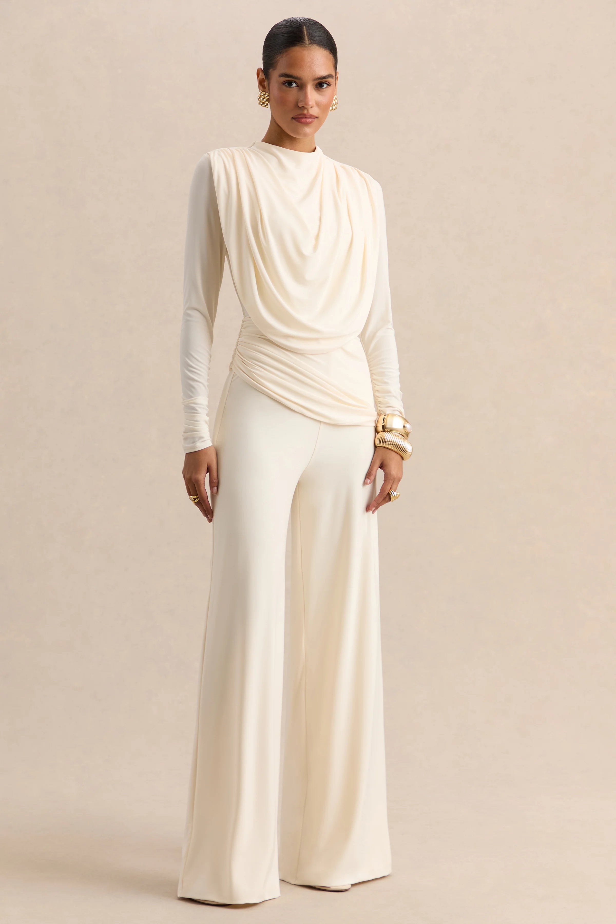 Raniella White High Neck Top With Gathered And Draped Detailing