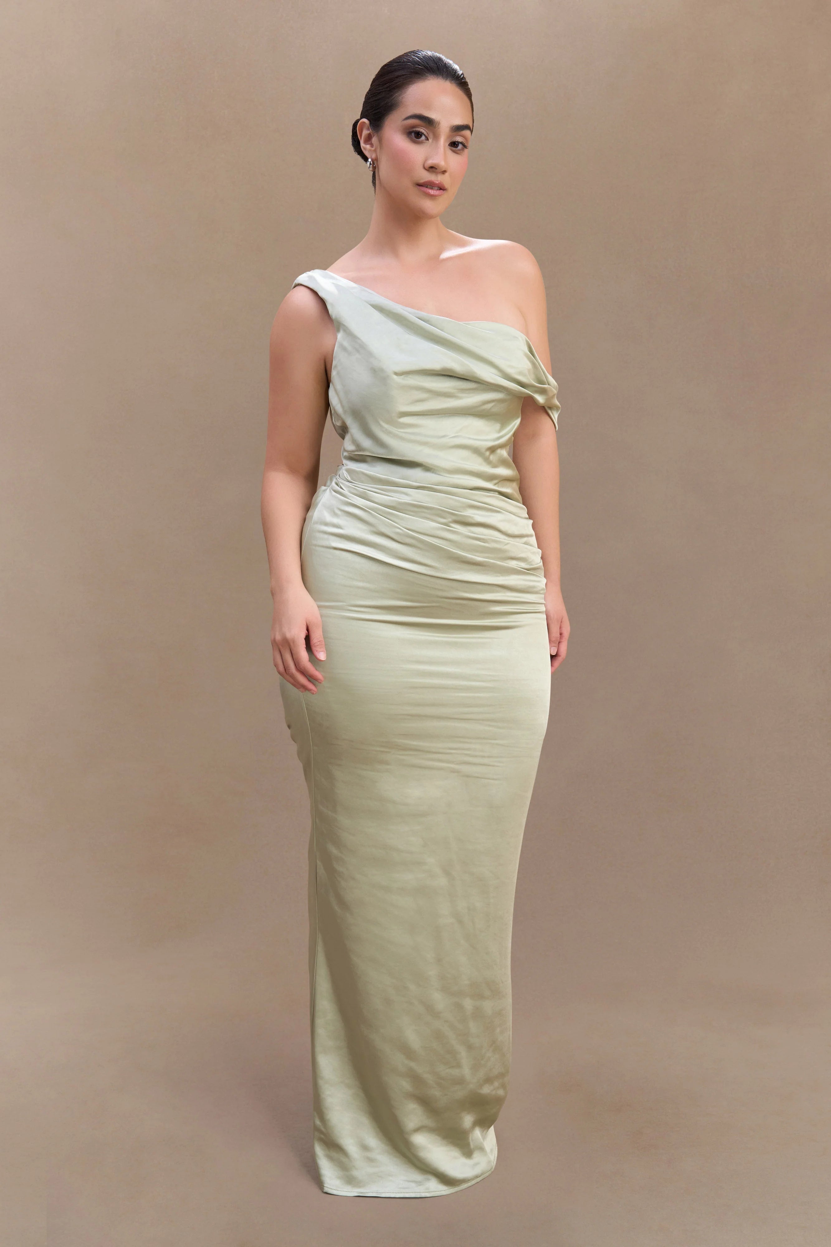 Dalia Off Shoulder Satin Maxi Dress Sage