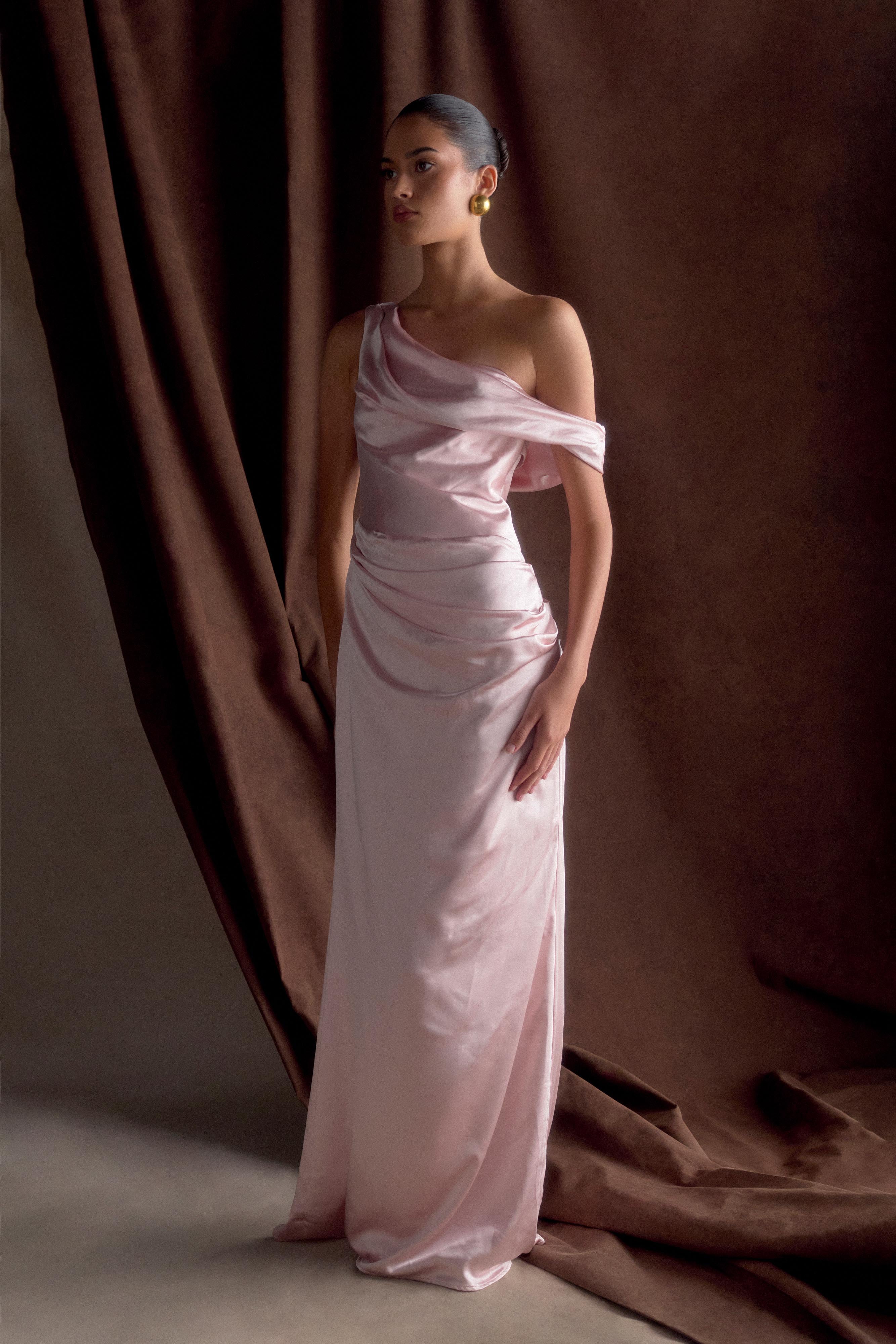 Dalia Off Shoulder Satin Maxi Dress Soft Pink