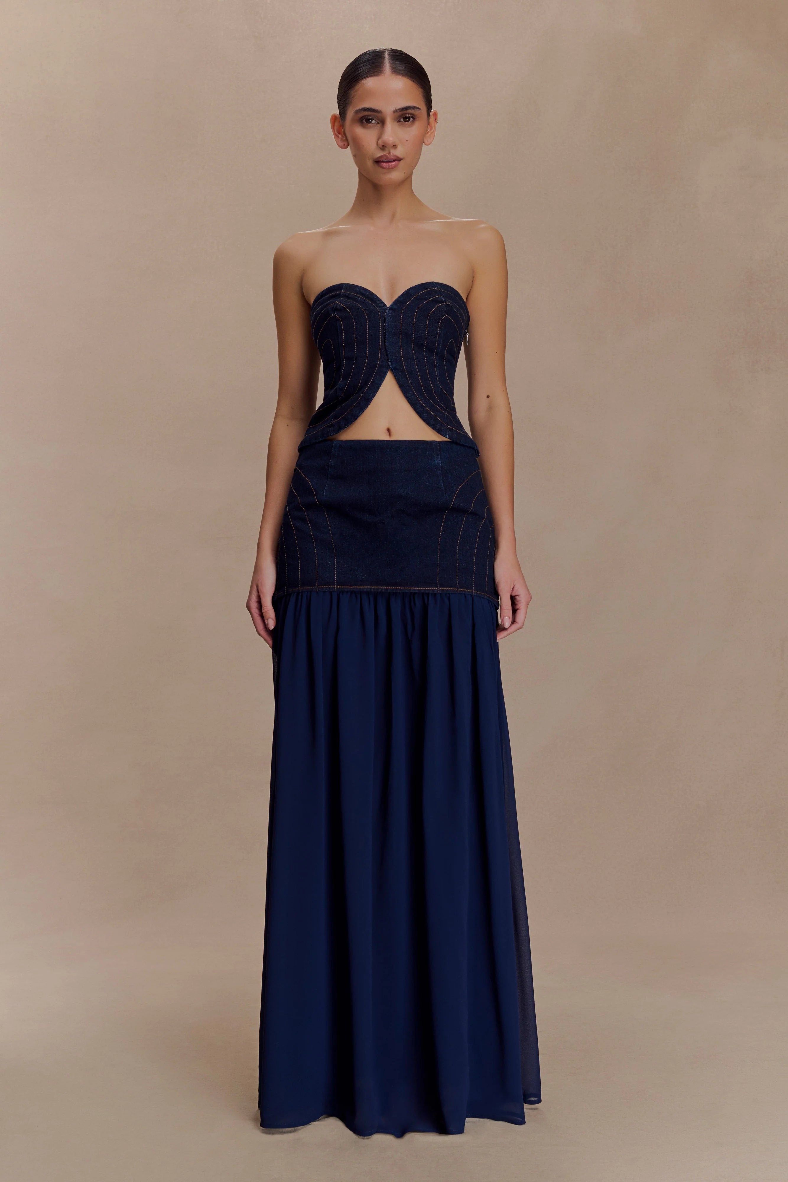 Tully Strapless Topstitch Denim Top Indigo Blue