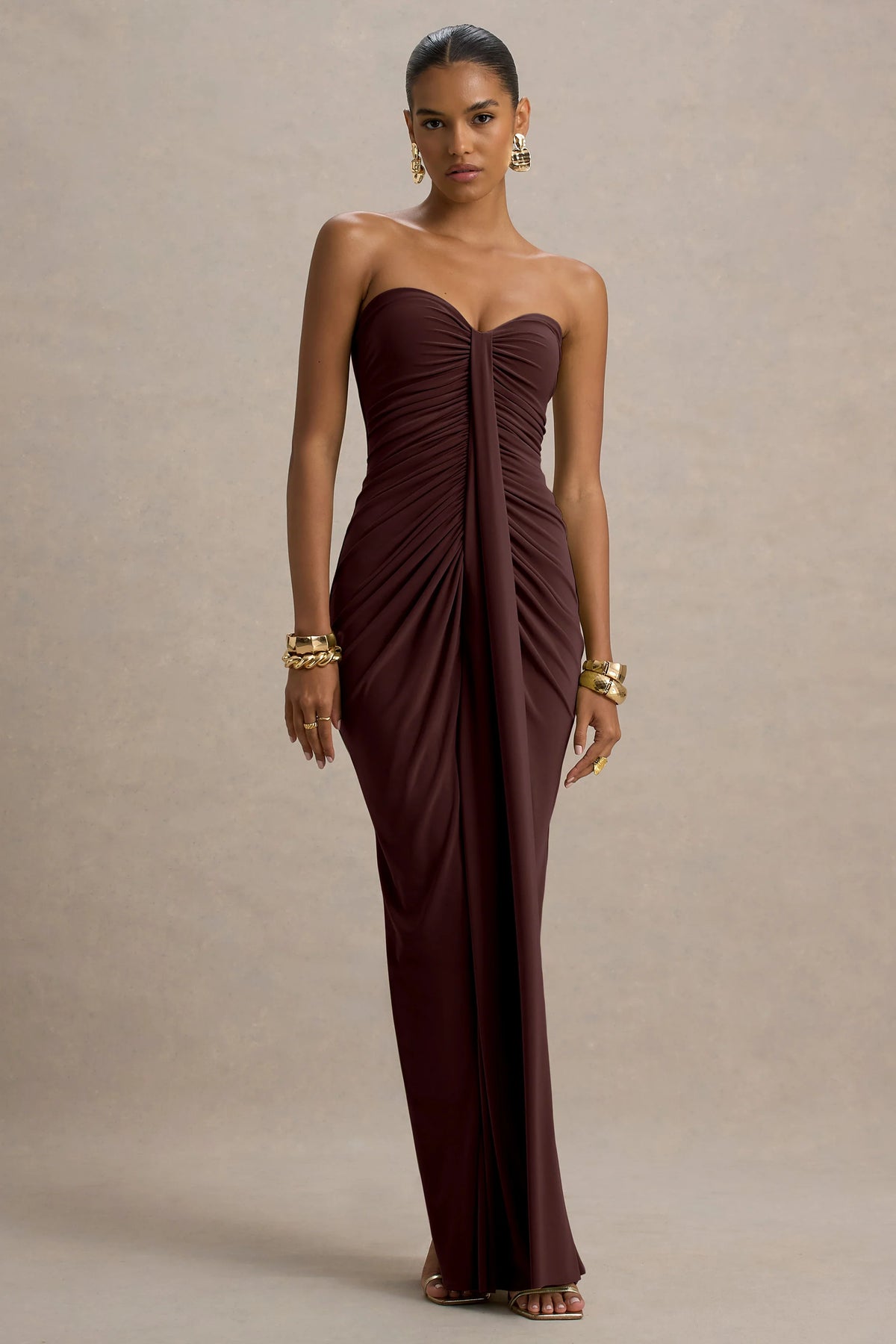 Ali Warm Brown Sweetheart Ruched Wrap Maxi Dress