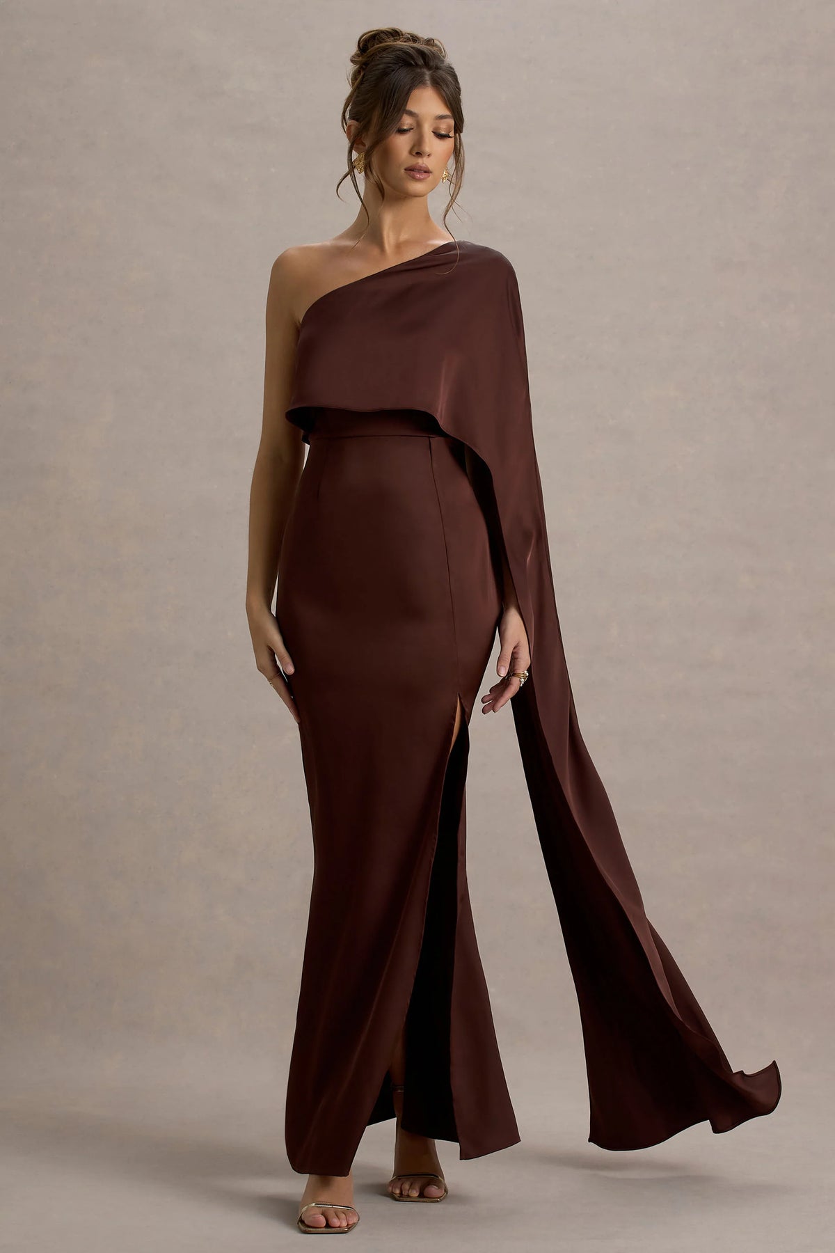 Amora Brown Satin Asymmetric Cape Sleeve Split Maxi Dress