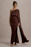 Amora Brown Satin Asymmetric Cape Sleeve Split Maxi Dress