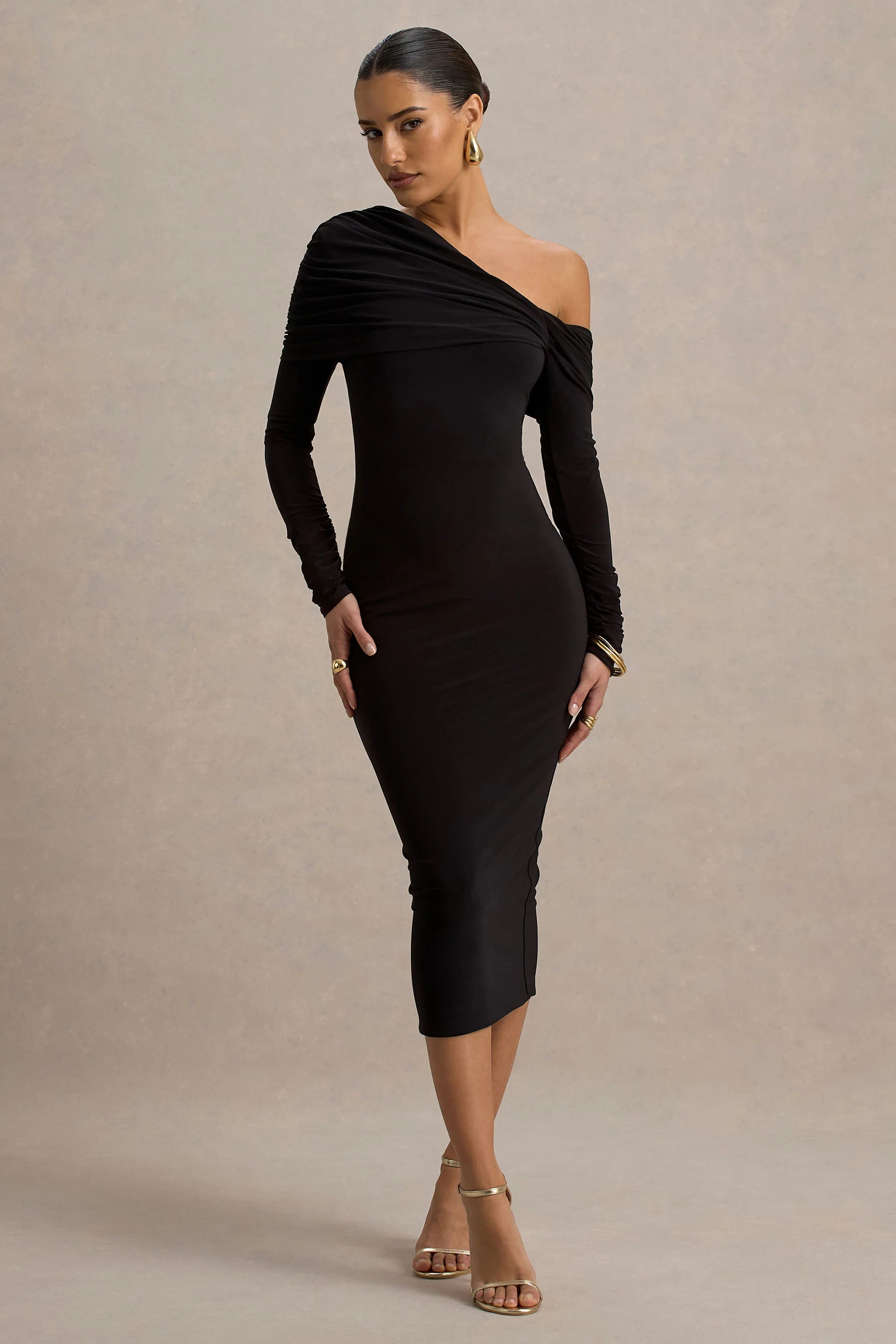 Cleo Black Bodycon Midi Dress With Mesh Sleeves