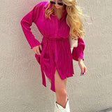 Women Shirt Dresses Long Sleeve Pleated Mini Dress Casual Button Down Tunic Tops with Belt Vintage Streetwear