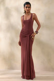 Lienna Brown Scoop Neck Maxi Dress With Gathered Detail And Sash