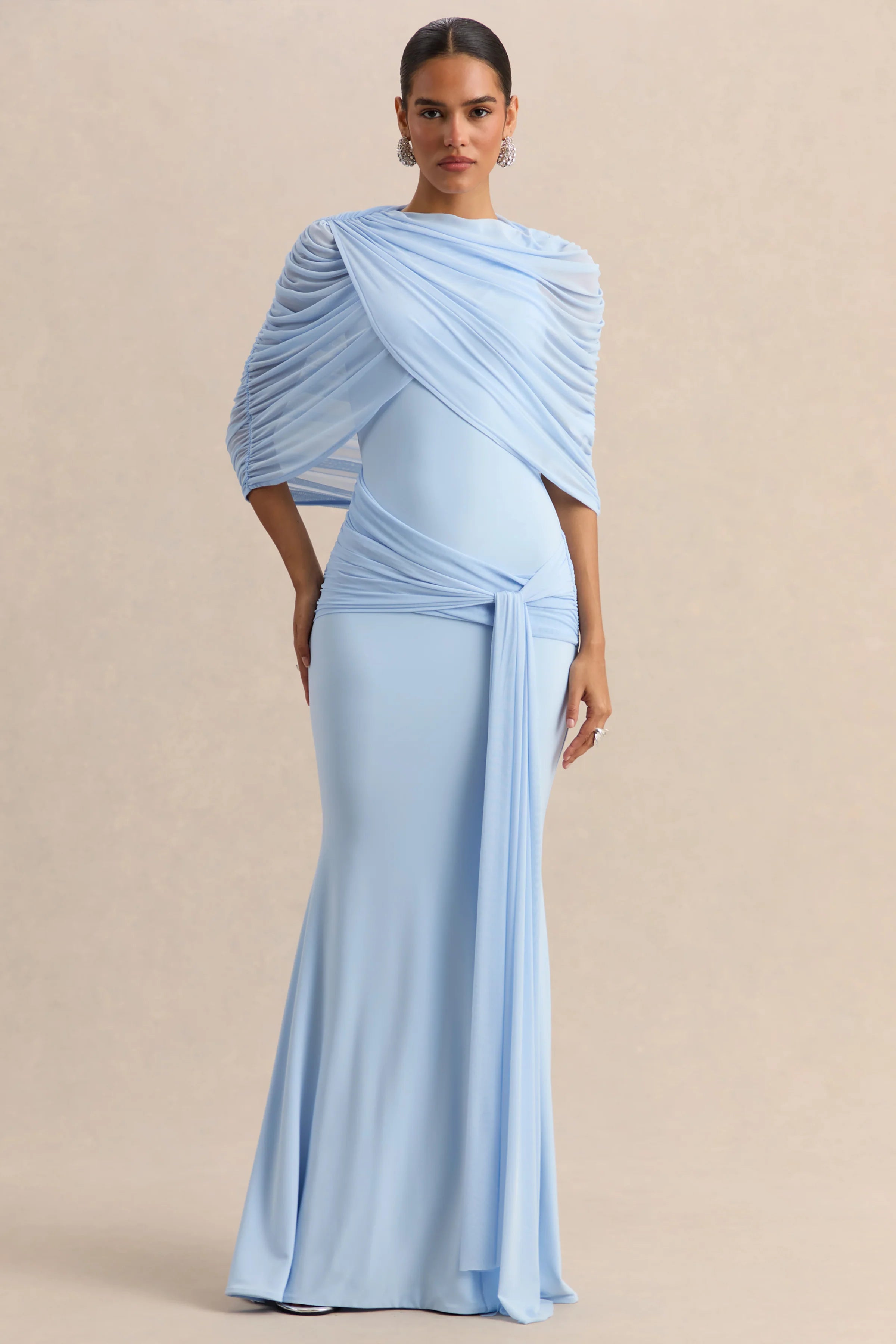 Mirene Powder Blue Round Neck Maxi Dress With Gathered Detailing And Sash