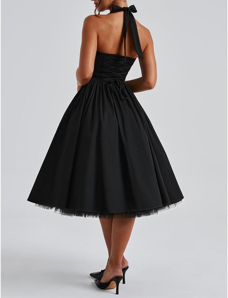 Women Halter Midi Dress Corset Back Layered Tulle Skirt A Line Formal Dresses Wedding Guest Bridal Shower
