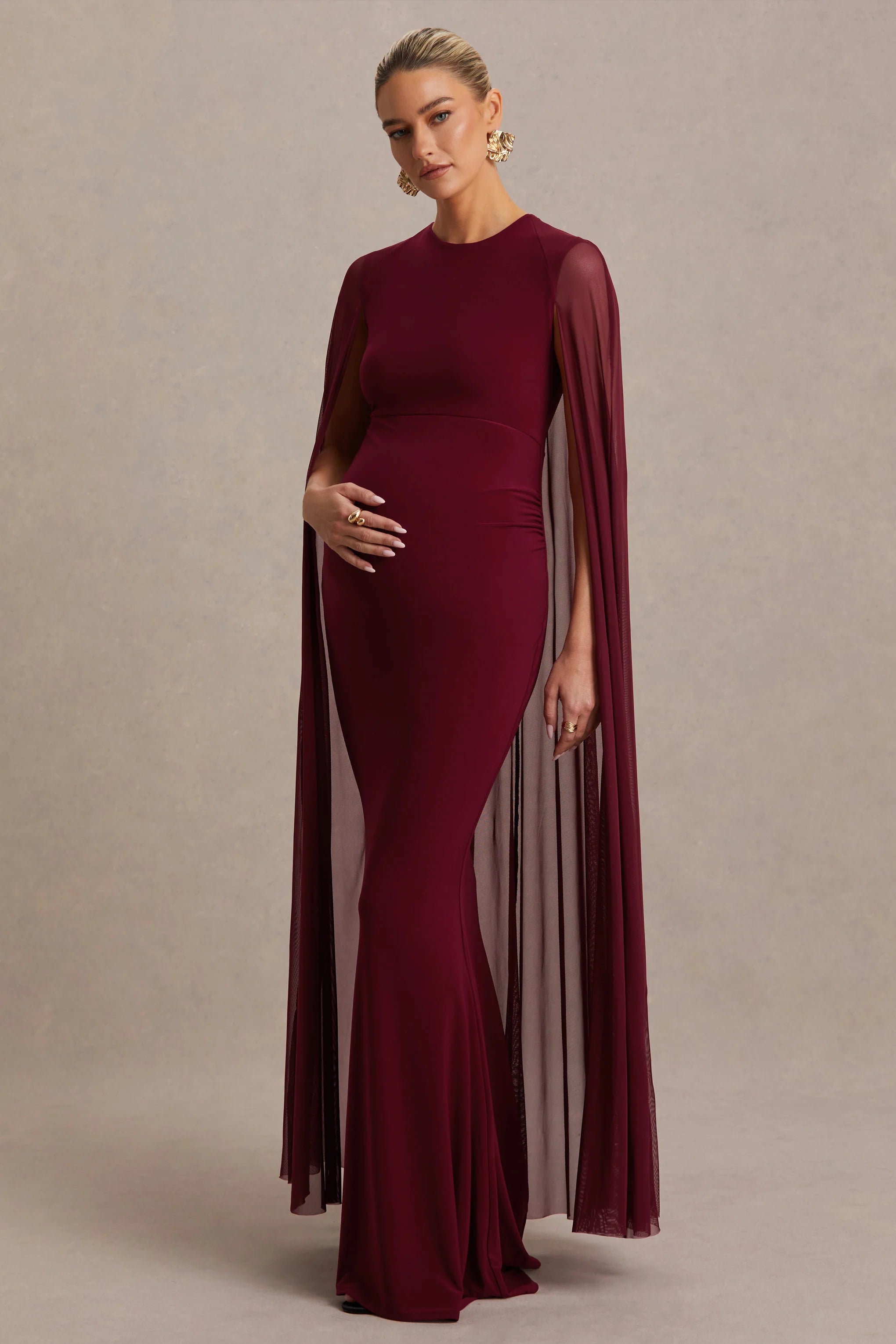 Currant Berry High Neck Maternity Maxi Dress With Cape