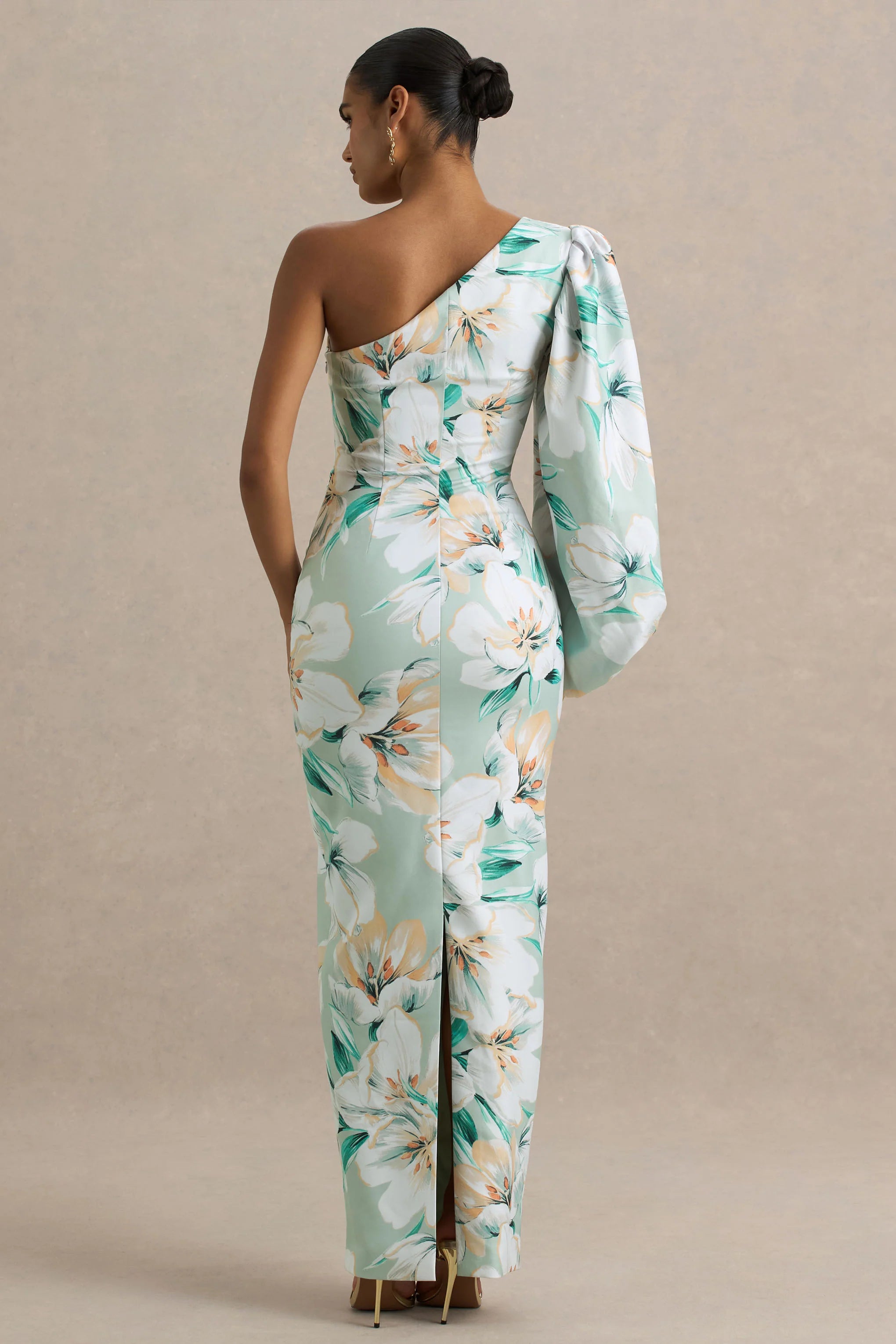 Kellis Green Floral Print Asymmetric Maxi Dress With Balloon Sleeve