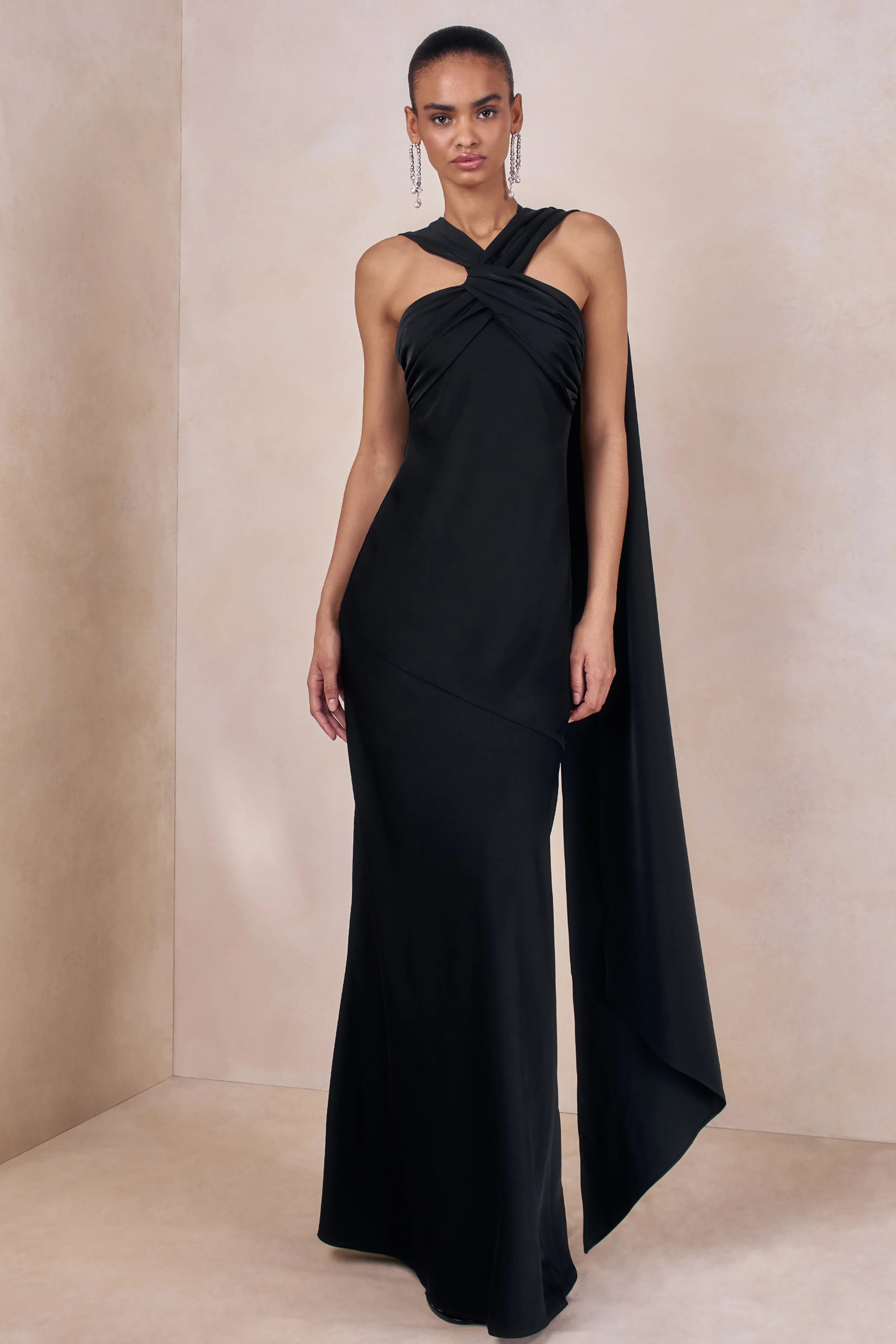 Sloane Black Matte Satin Halter Neck Maxi Dress With Cape