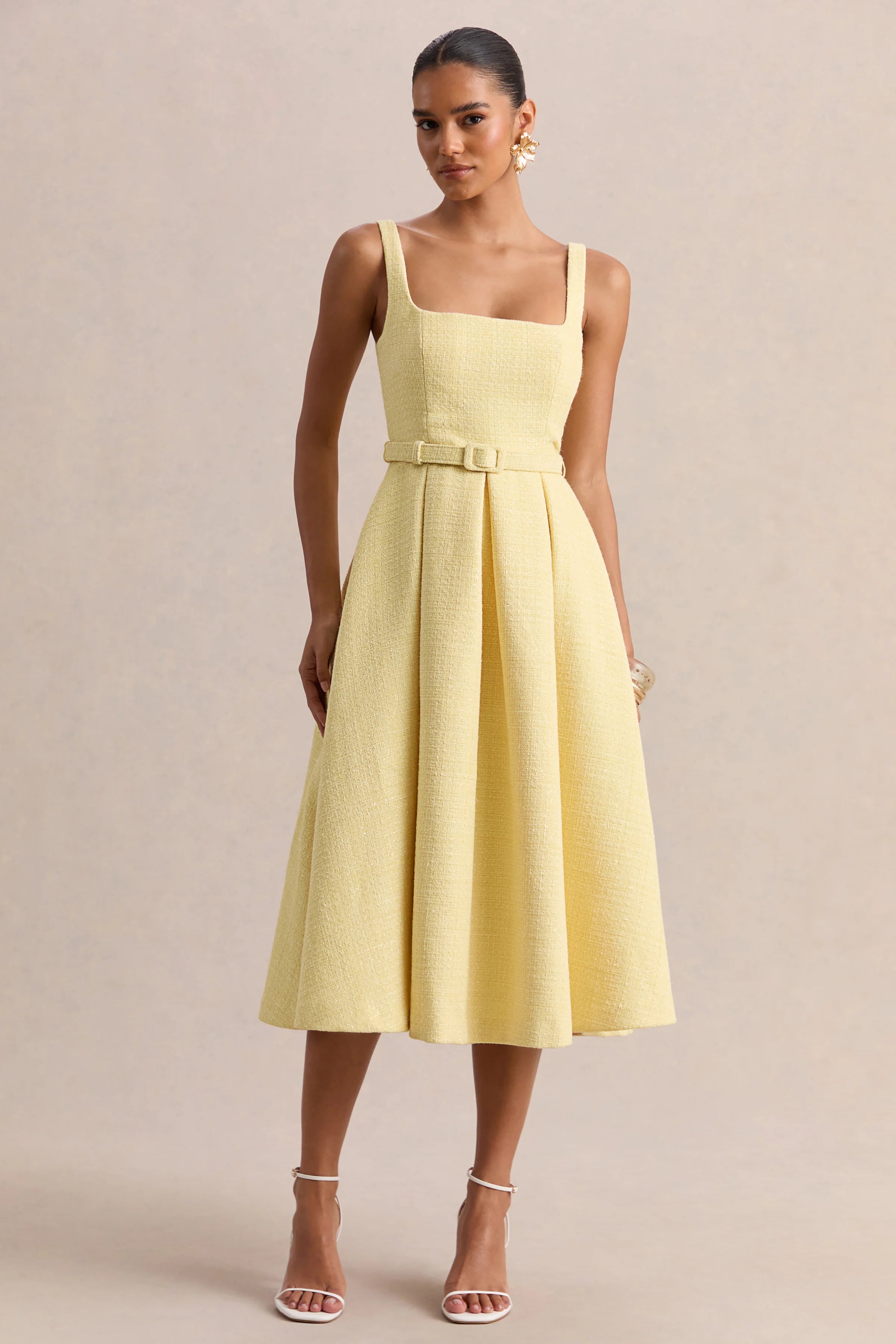 Camoria Lemon Boucle Square Neck Midi Dress