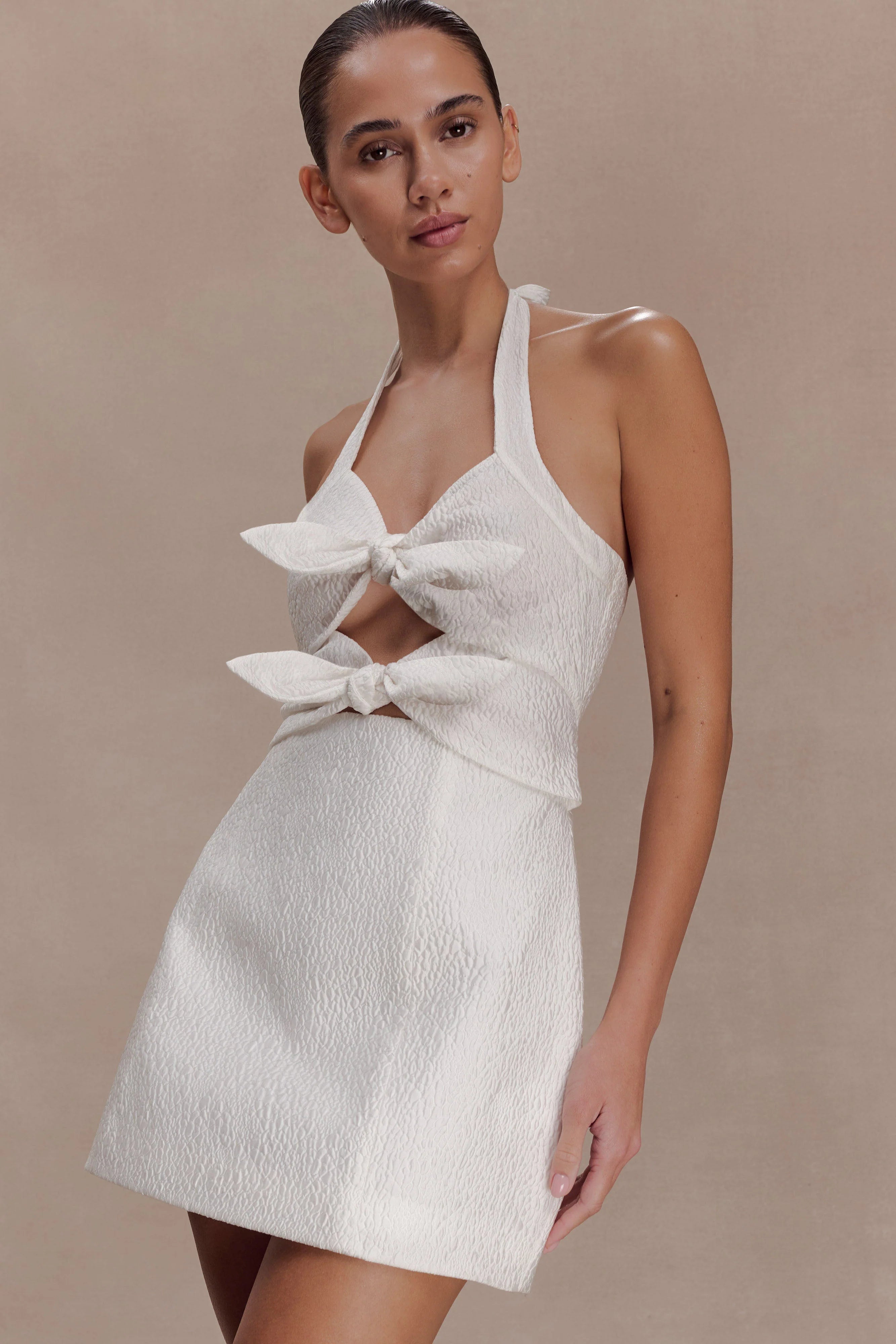 Ella Bow Detail Halter Mini Dress White