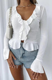Women Going Out Tops Ruffle Trim Button Front V Neck Flared Sleeve Shirt Y2k Crop Top