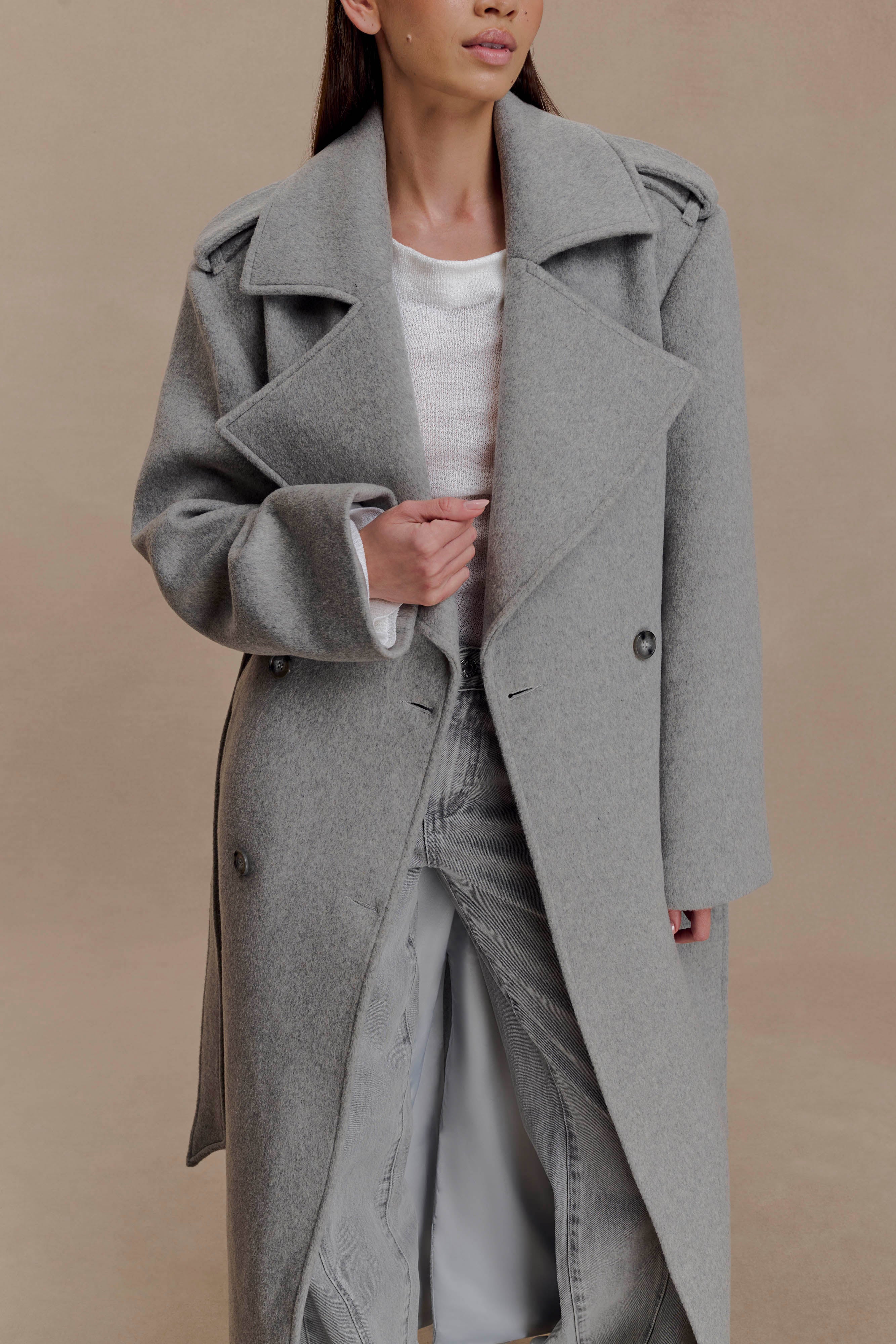 Levi Long Trench Wool Coat Grey Marle