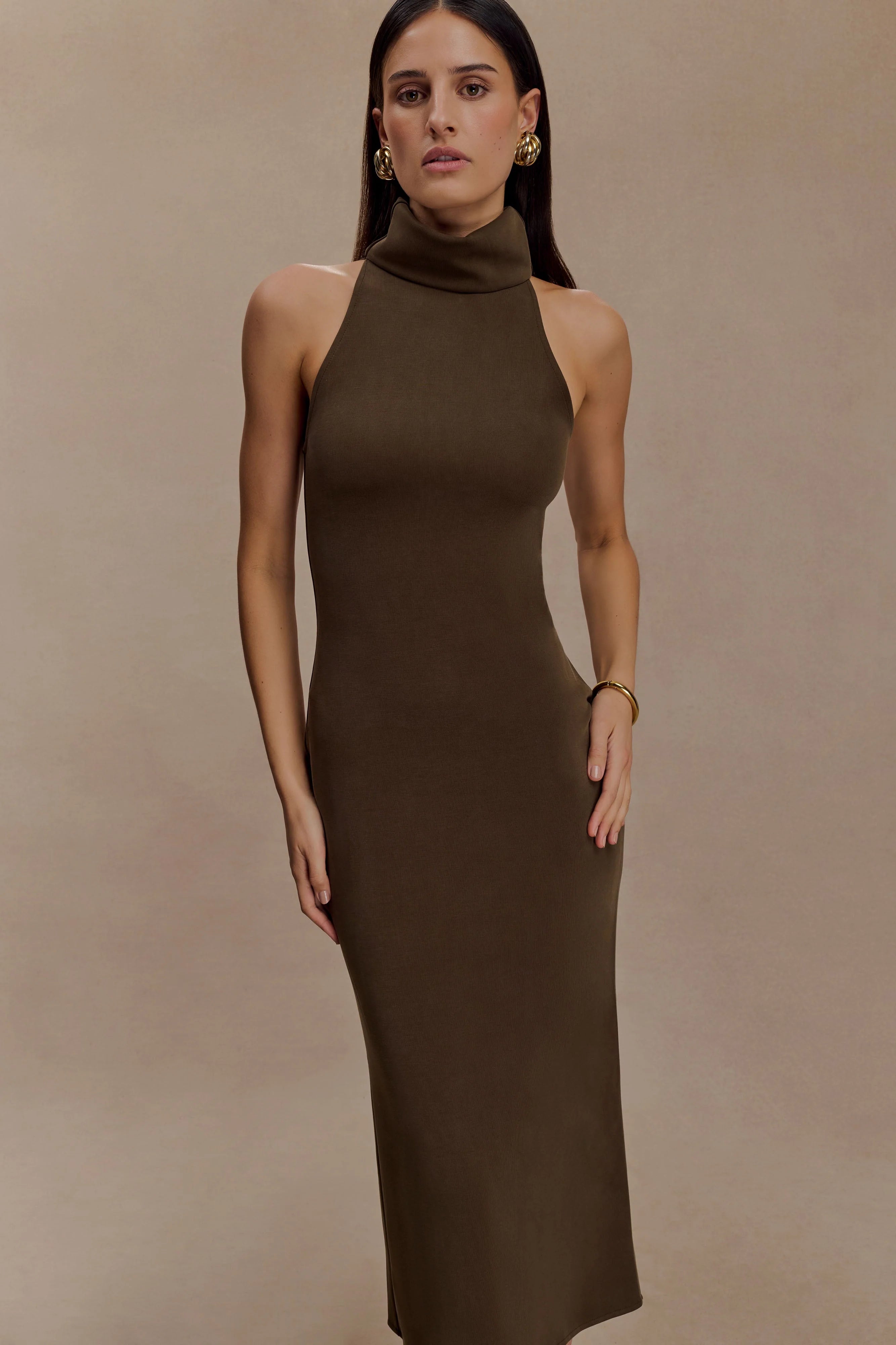Kennedy High Neck Midi Dress Chocolate