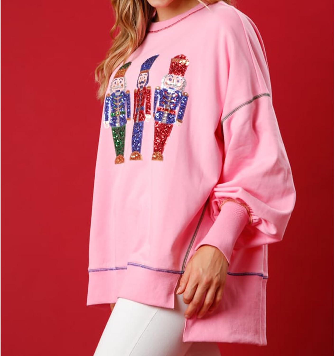Christmas Sweatshirt for Women Funny Sequin Sweater Nutcracker Santa Xmas Graphic Oversized Pullover Tops