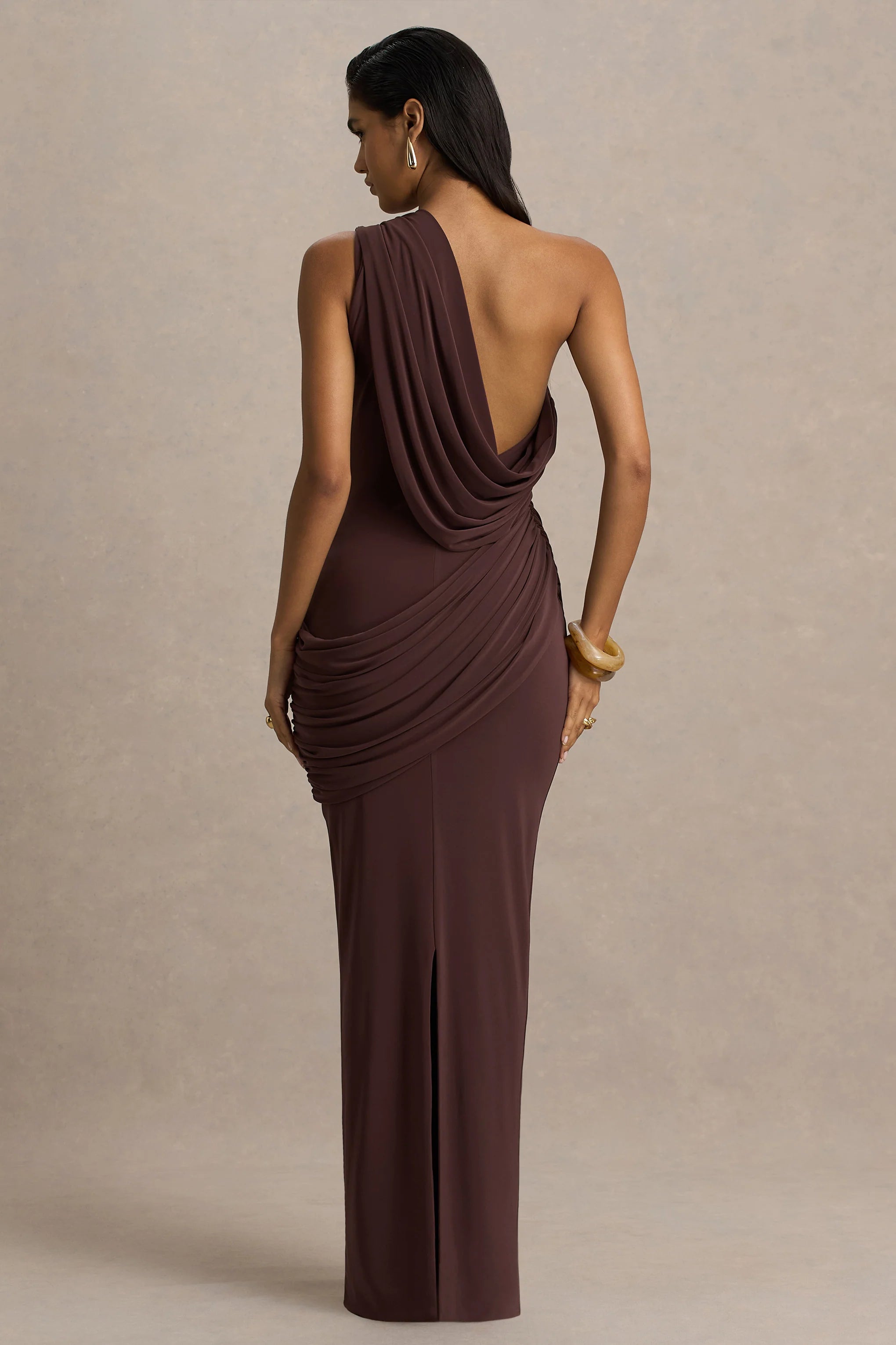 Elisa Brown Asymmetric Neck Maxi Dress With Open Back And Ruched Detailing