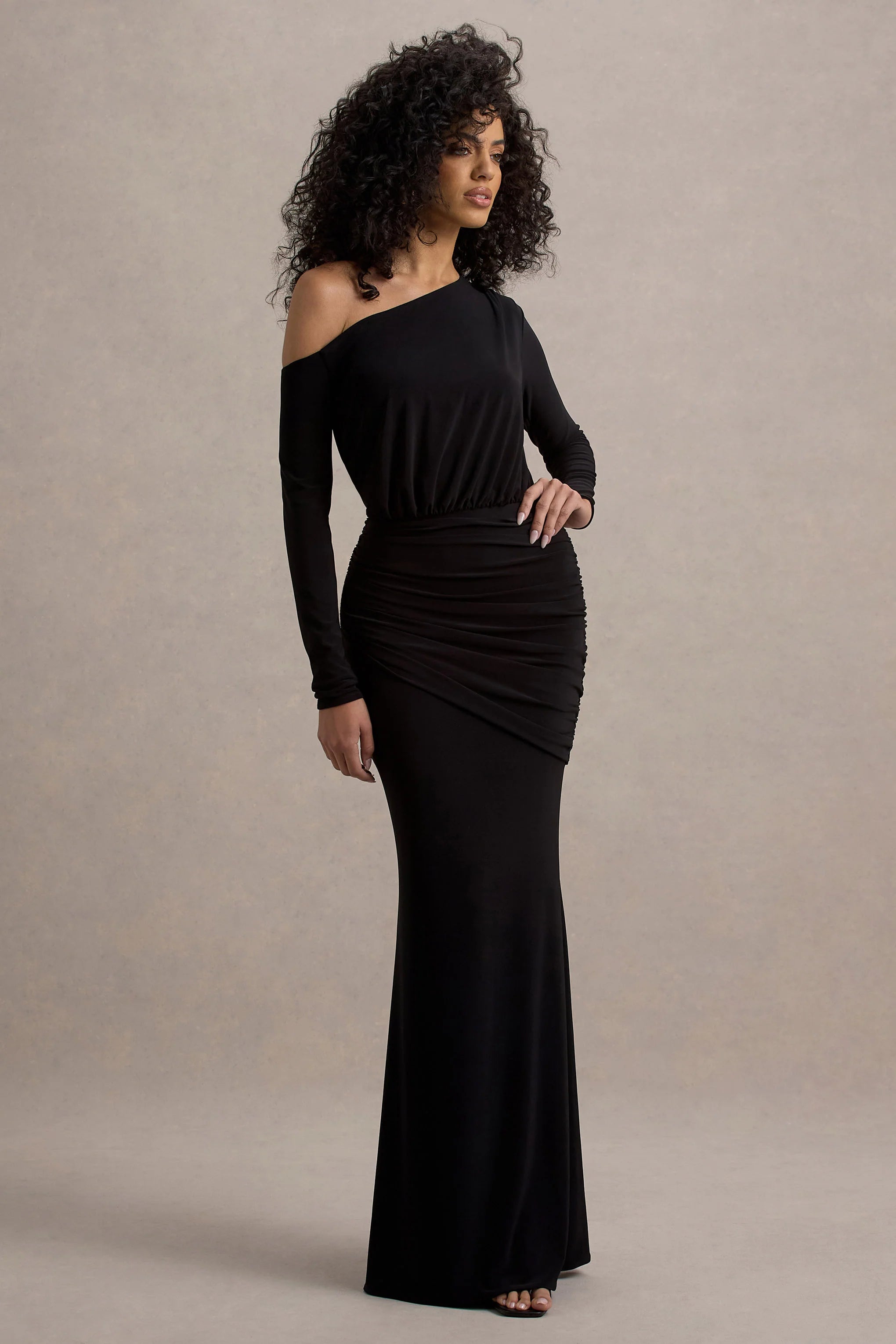 Deanna Black Asymmetric Long Sleeve Ruched Maxi Dress