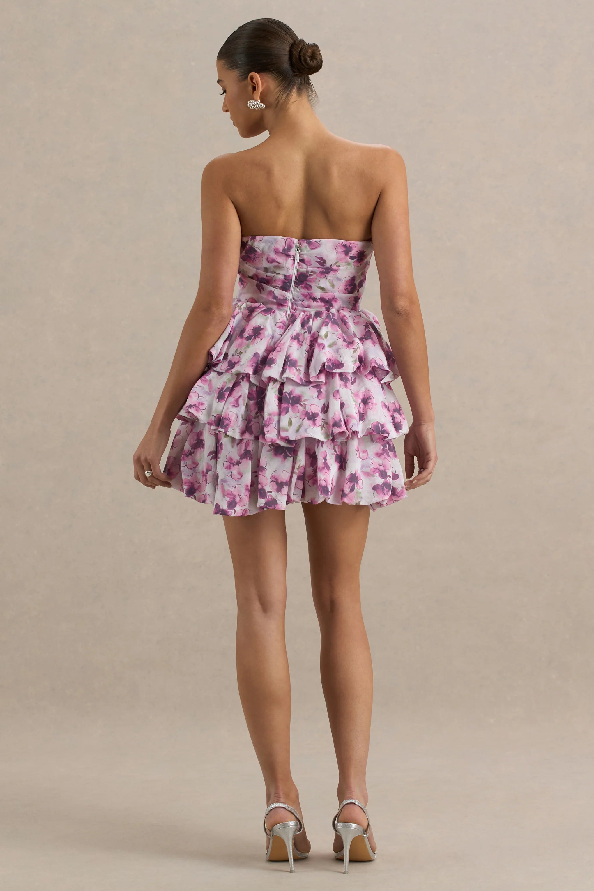 Swirl Cream Floral Print Bandeau Puffball Mini Dress With Ruffle Detail