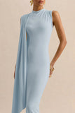 Oleandra Light Blue High Neck Midi Dress With Draped Detail