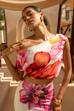 Lia Large Multi Floral Print Asymmetric Crop Top