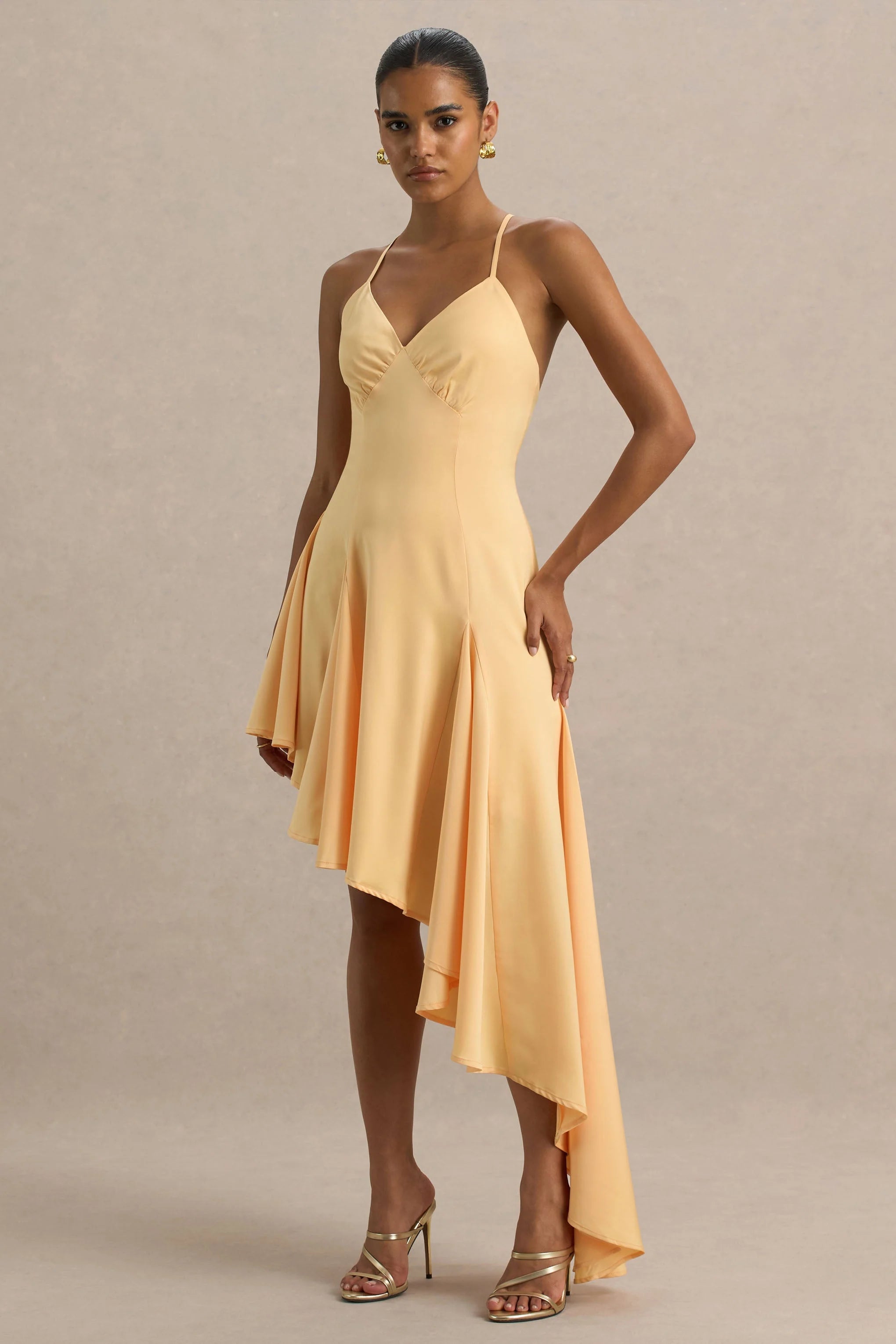 Glint Peach Satin Plunge Neck Maxi Dress With Asymmetric Hem
