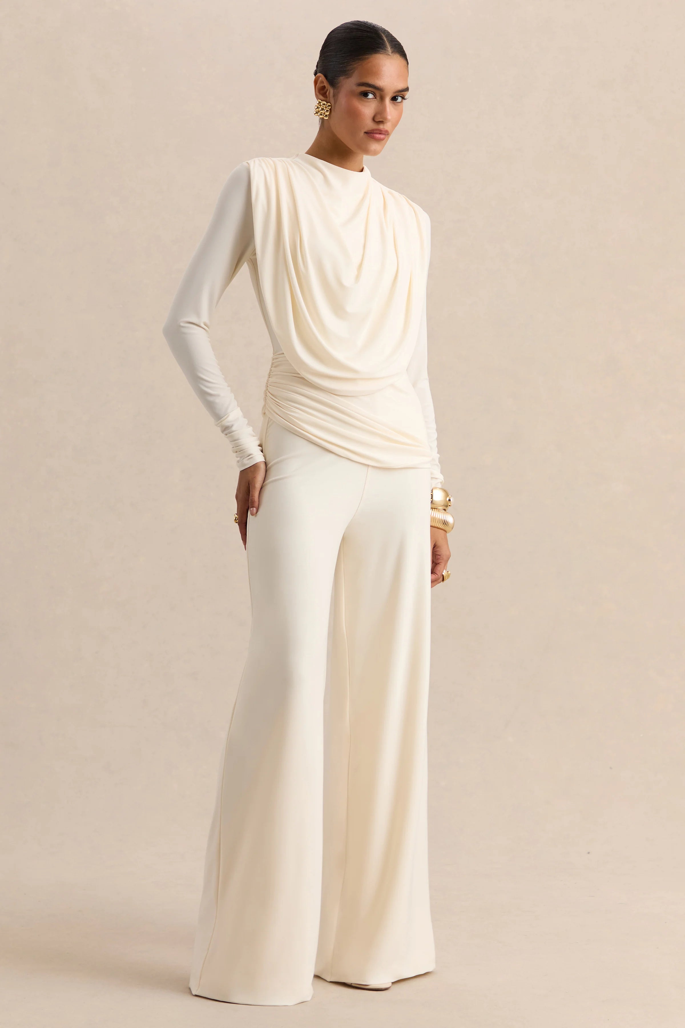 Raniella White High Neck Top With Gathered And Draped Detailing