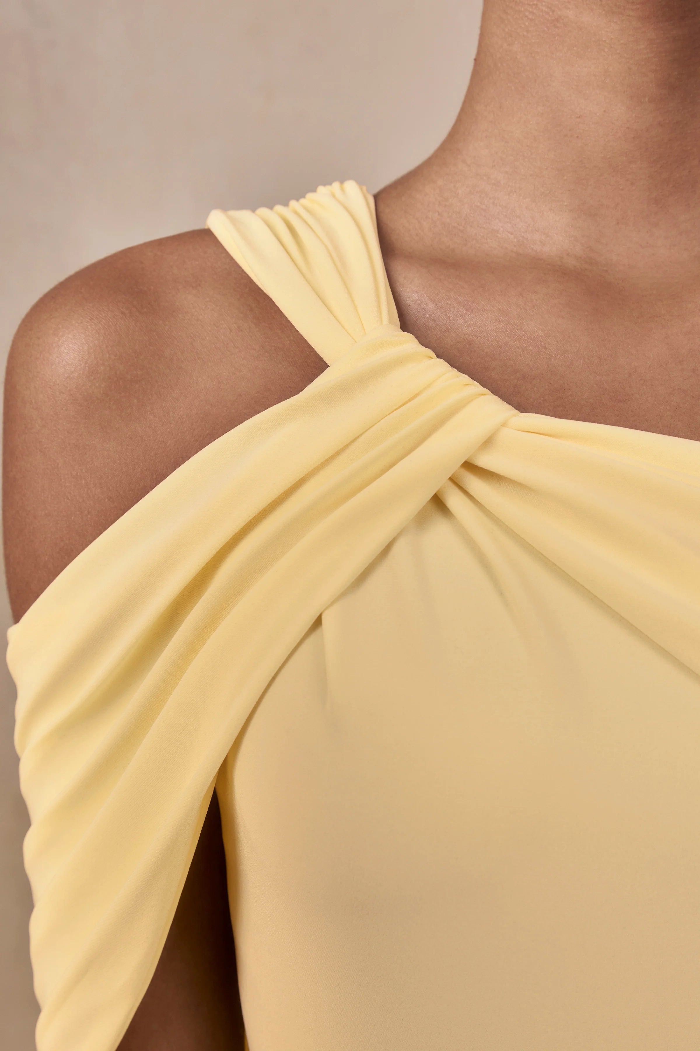 Nala Lemon Asymmetric Neck Maxi Dress With Gathered Detailing