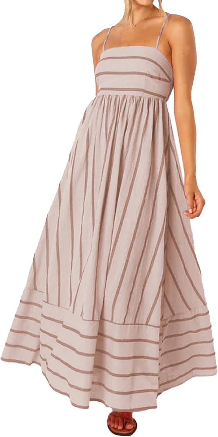 Women Striped Maxi Dress Sleeveless Backless Cutout Smocked Sundress Spaghetti Straps Boho Flowy Dresses