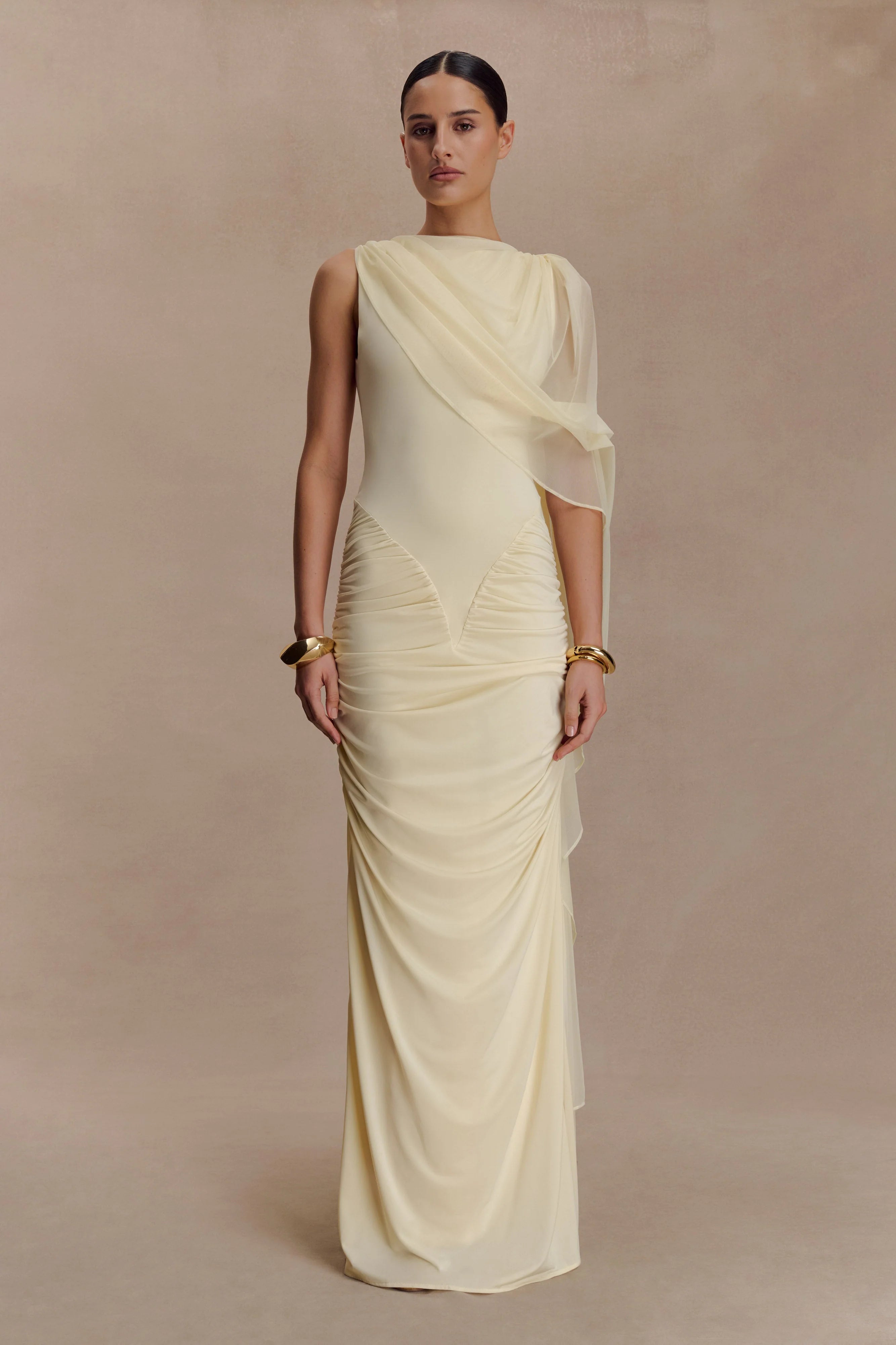 Amandine Ruched Slinky Maxi Dress Lemon
