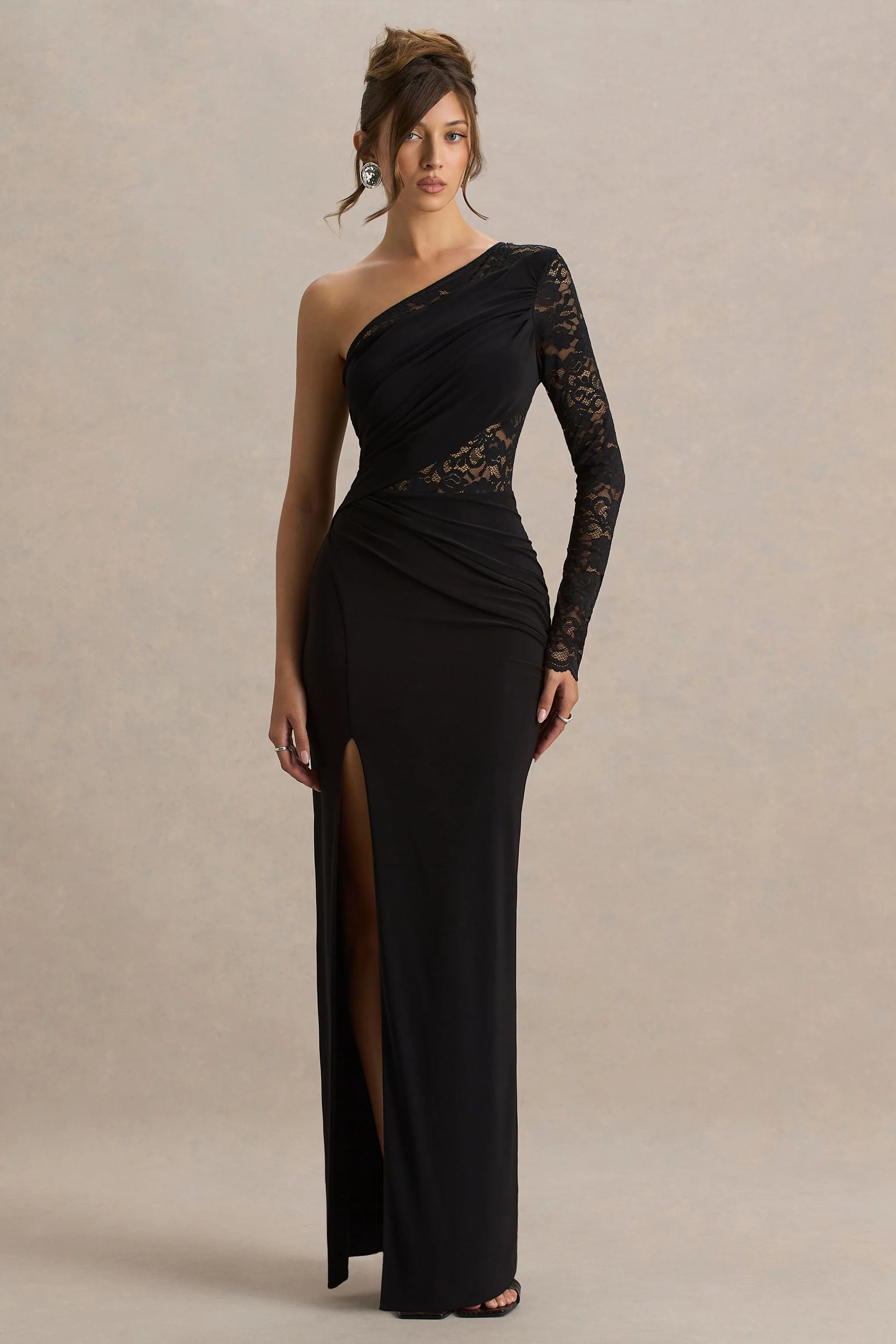 Melody Black Asymmetric Neck Maxi Dress With Lace Detailing And Front High Split