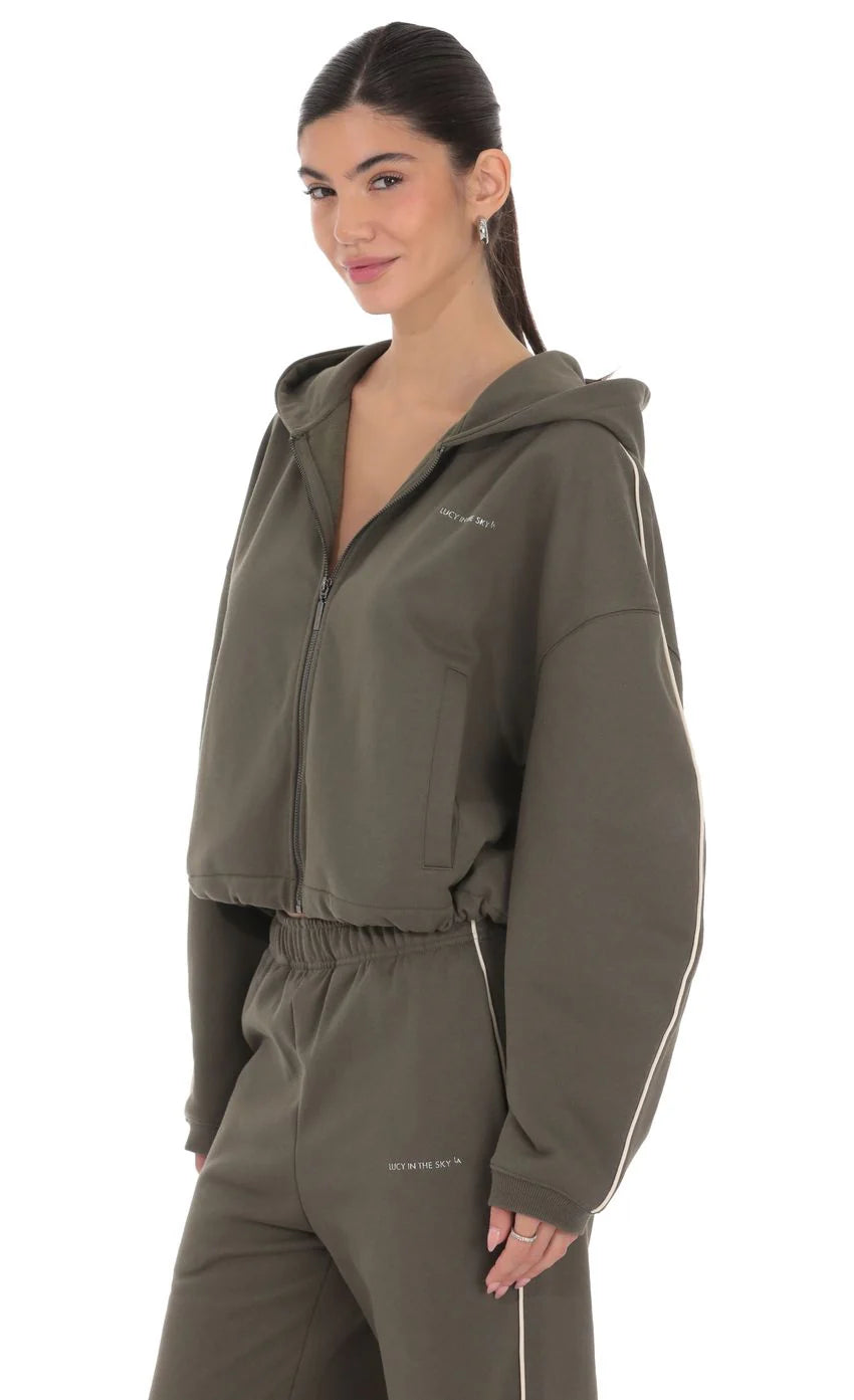 Cropped Cinch Waist Hoodie in Olive Green
