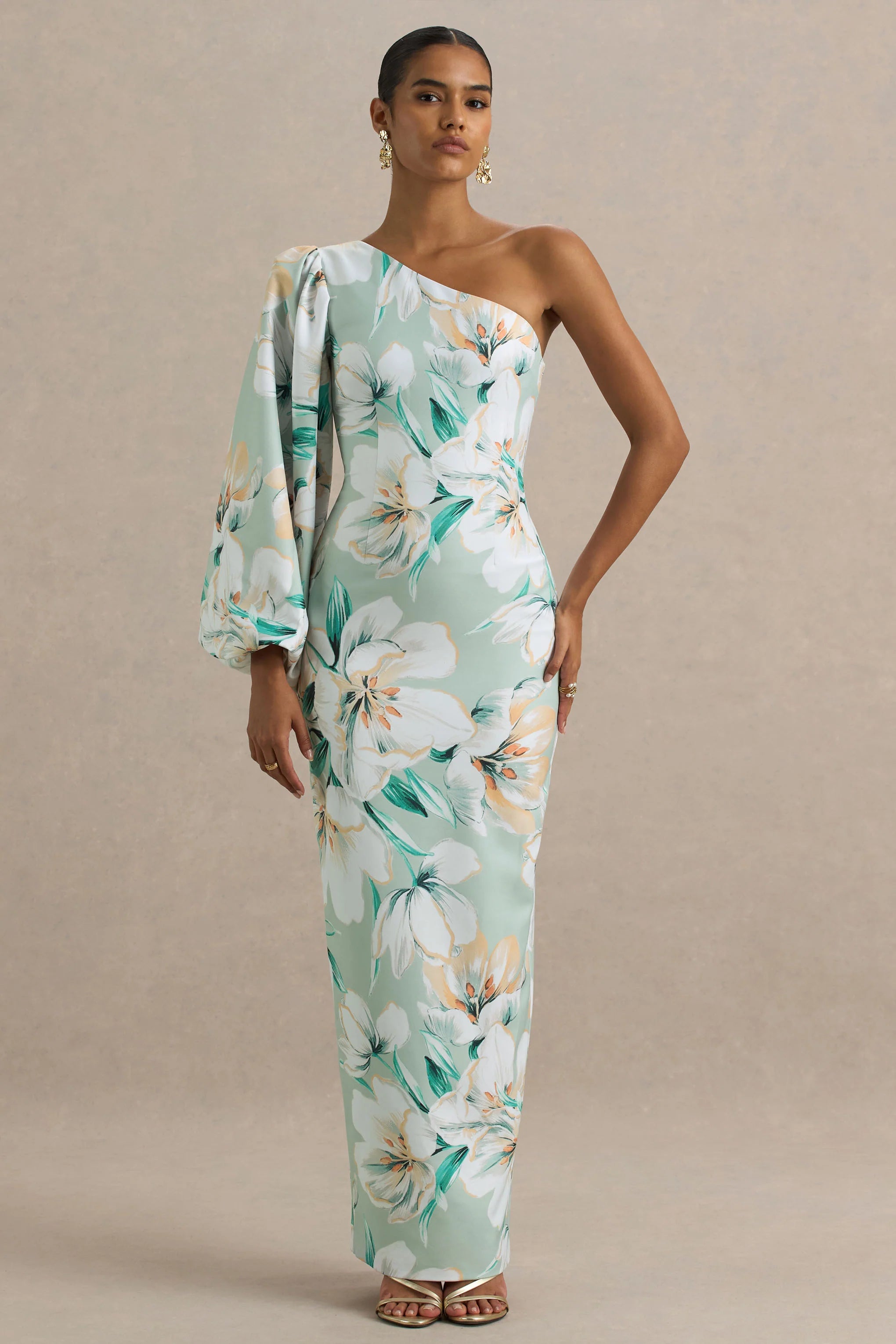 Kellis Green Floral Print Asymmetric Maxi Dress With Balloon Sleeve