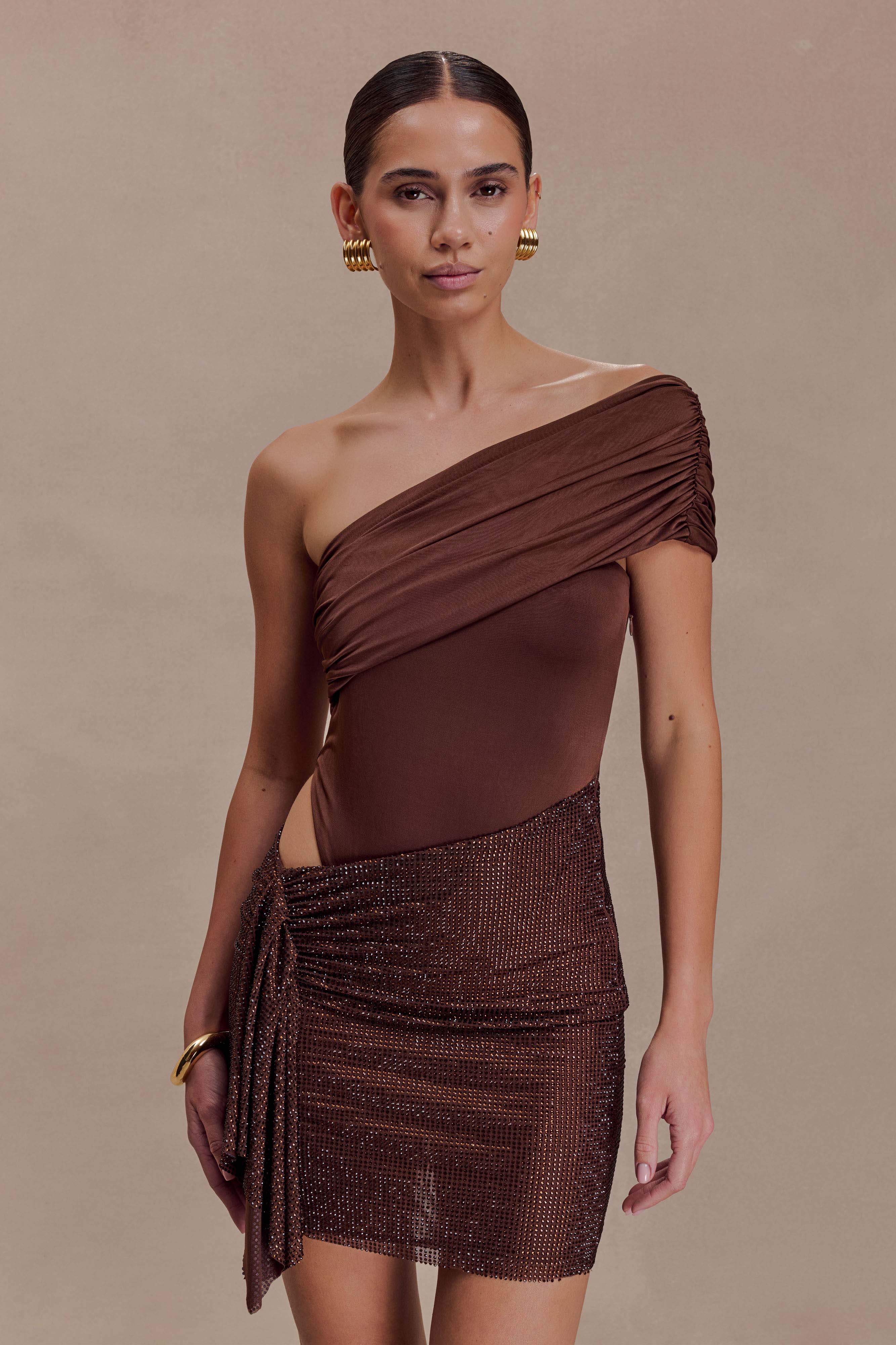 Paisley Slinky And Diamante Mini Dress Chocolate