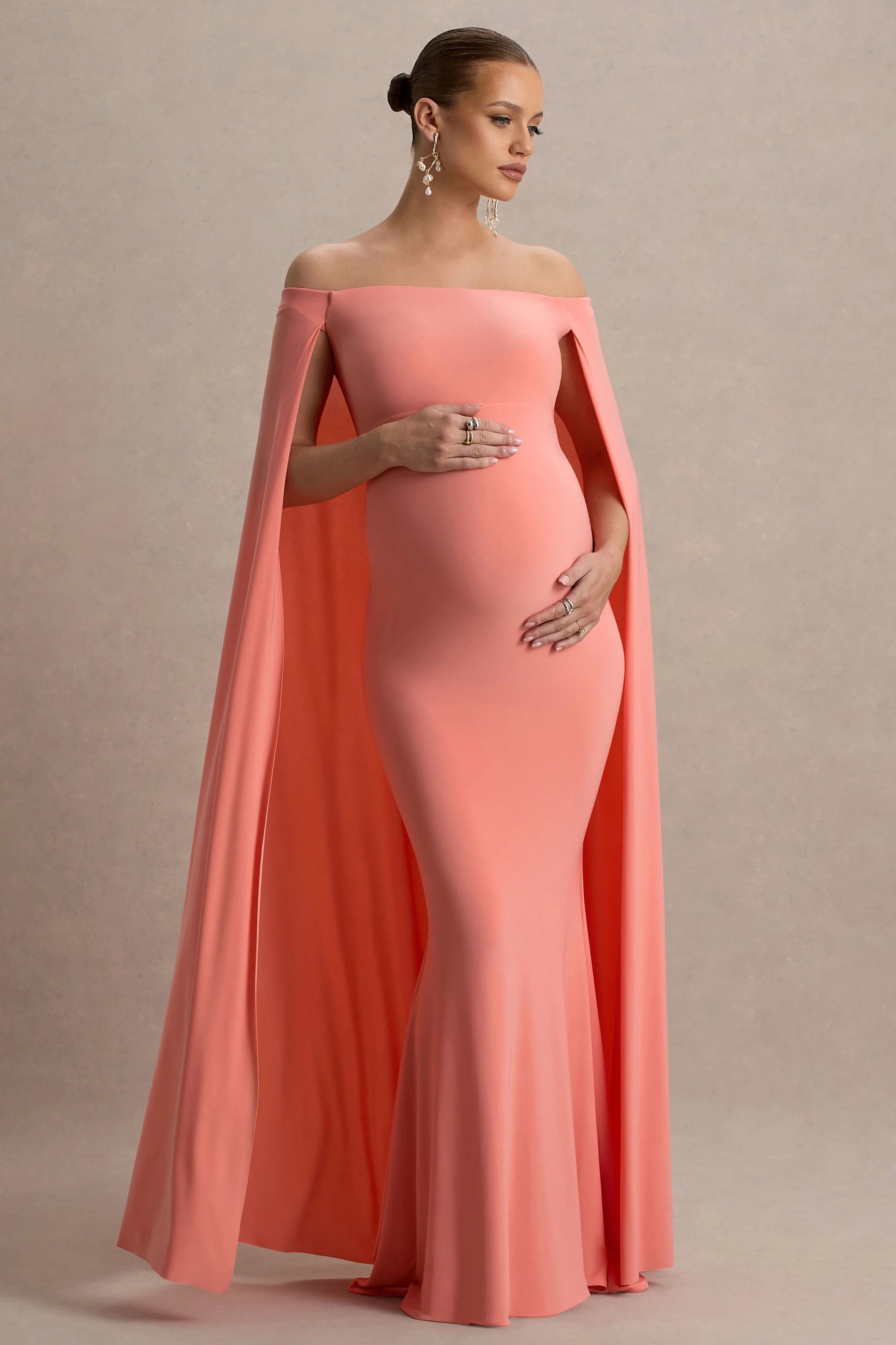 Radiance Coral Bardot Maternity Maxi Dress With Cape