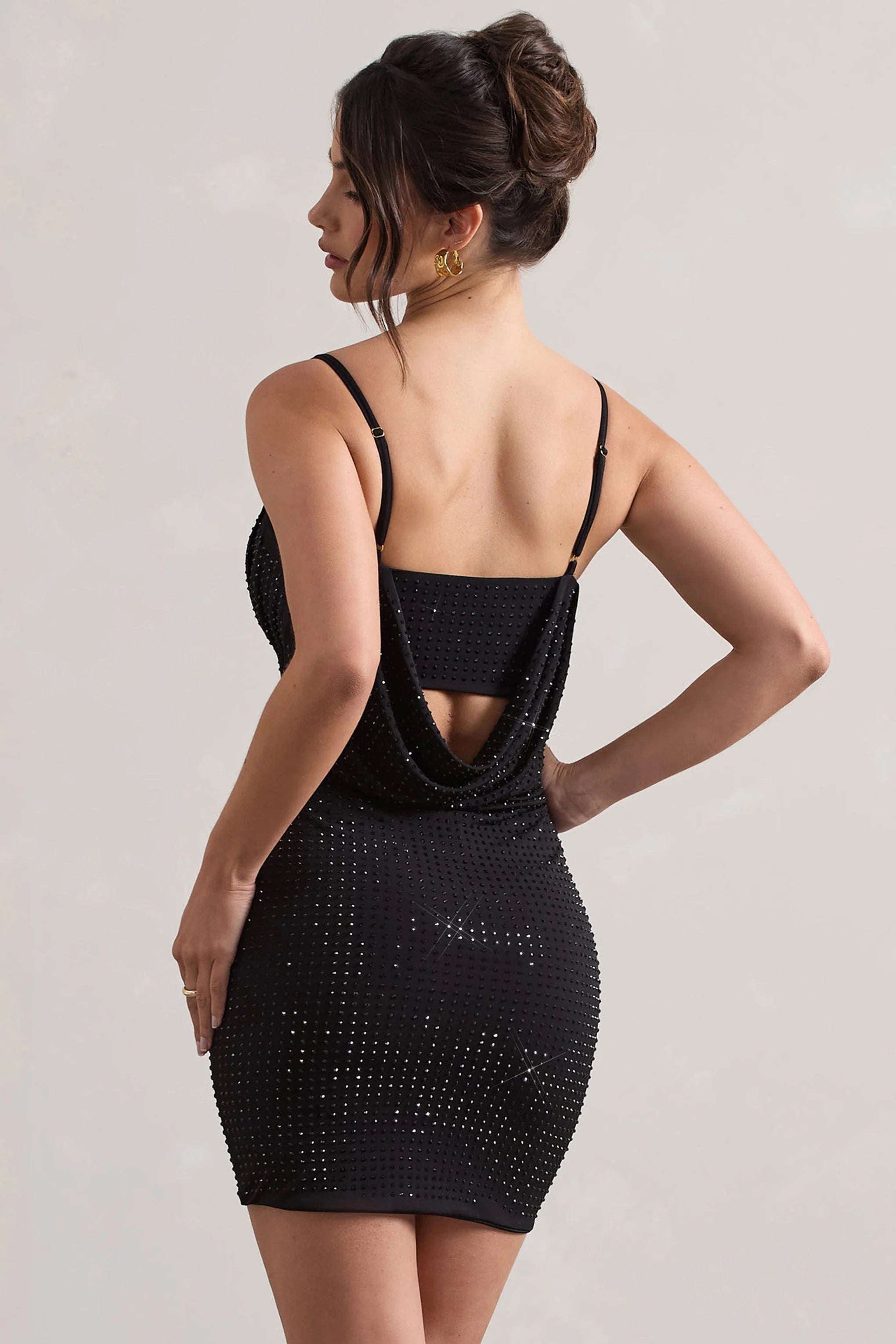 Last Dance Black Embellished Strappy Cowl Neck Mini Dress