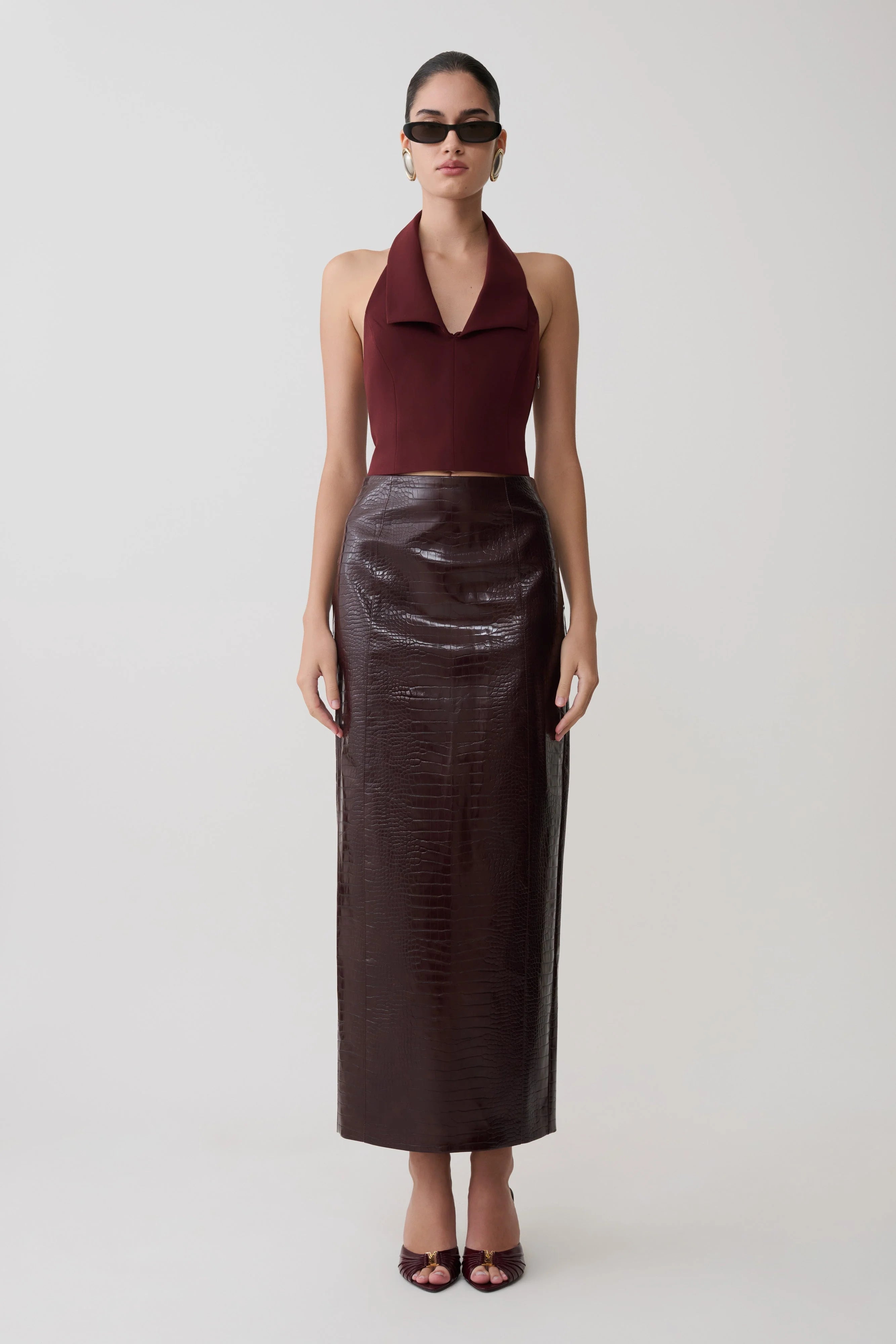 Thalia Croc Faux Leather Midi Skirt Merlot