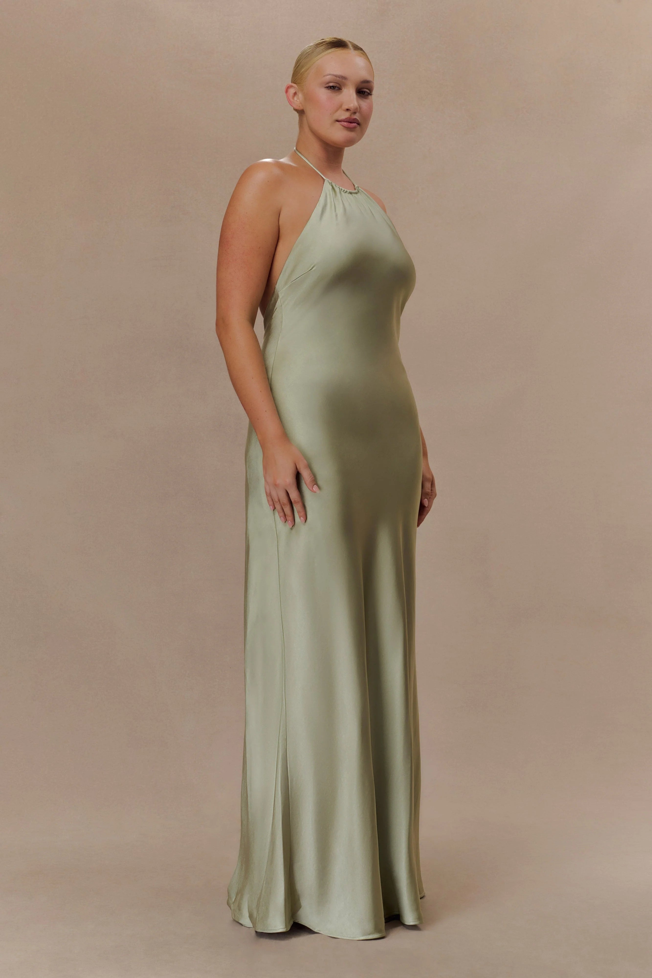 Bella Satin Halter Maxi Dress Sage