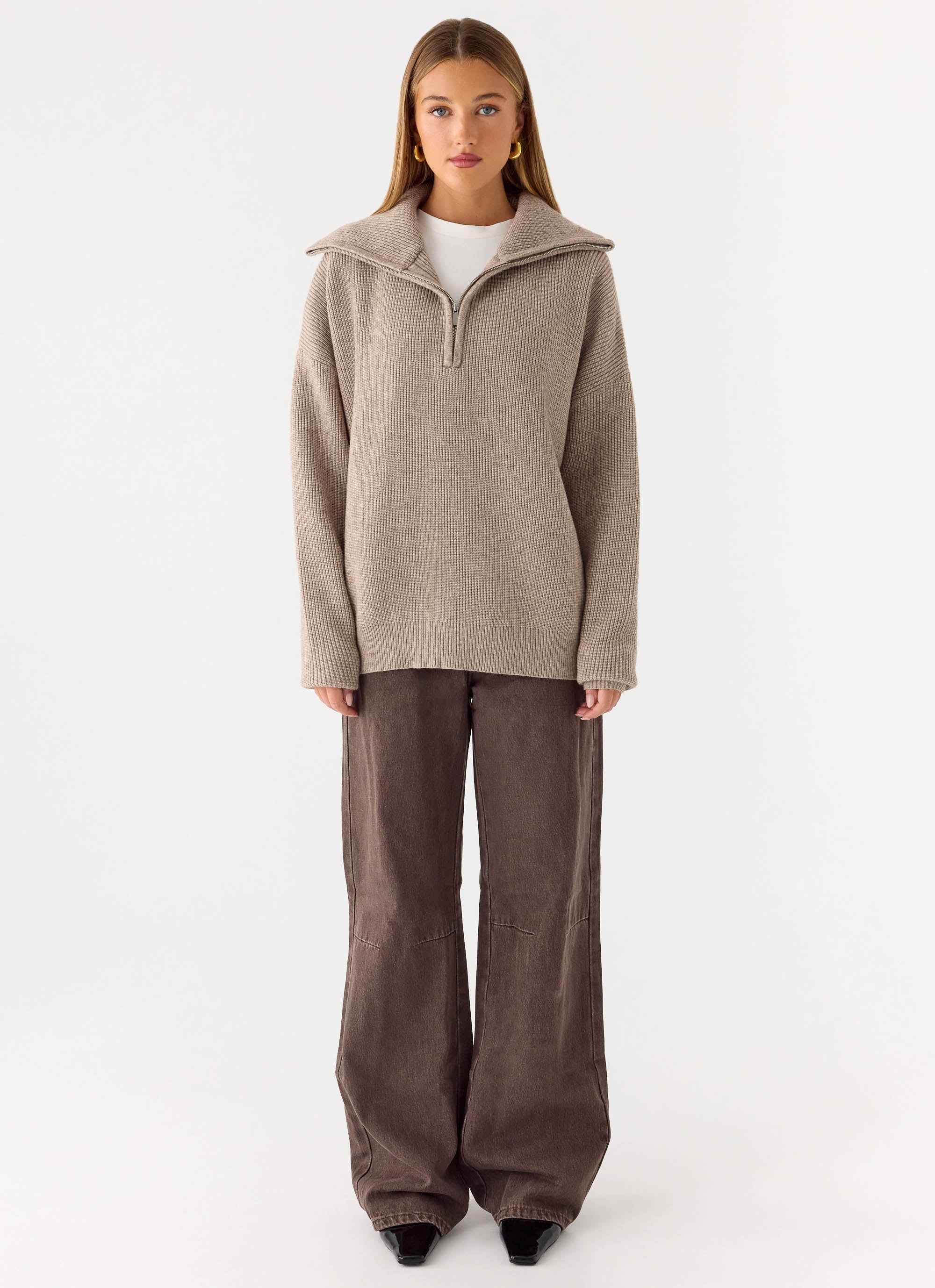Eirena Quarter Zip Knit Sweater Tan