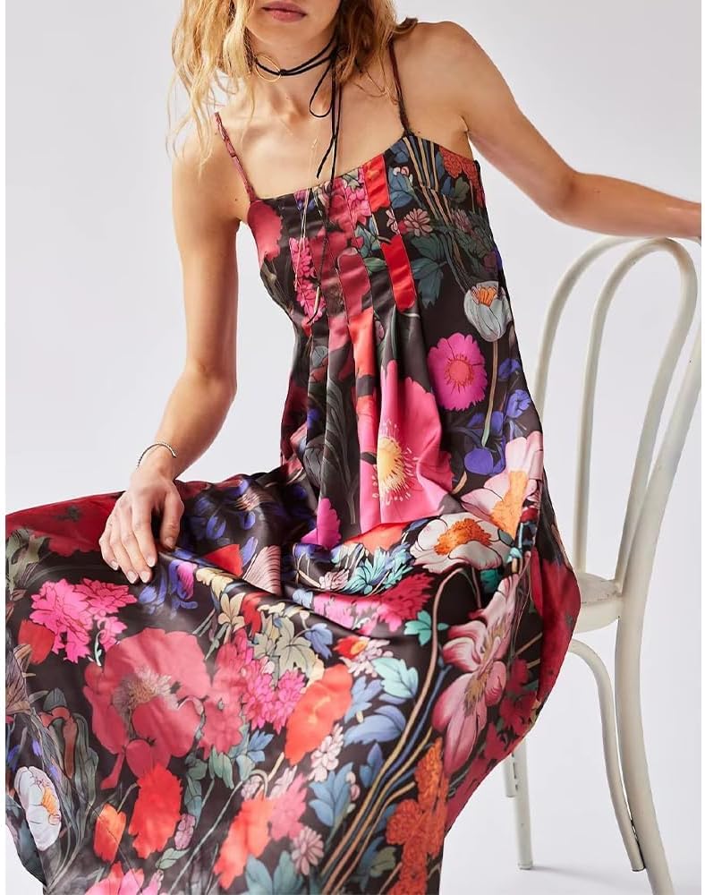 Women Boho Floral Maxi Dress Backless Spaghetti Strap A Line Flowy Summer Vacation Long Dress