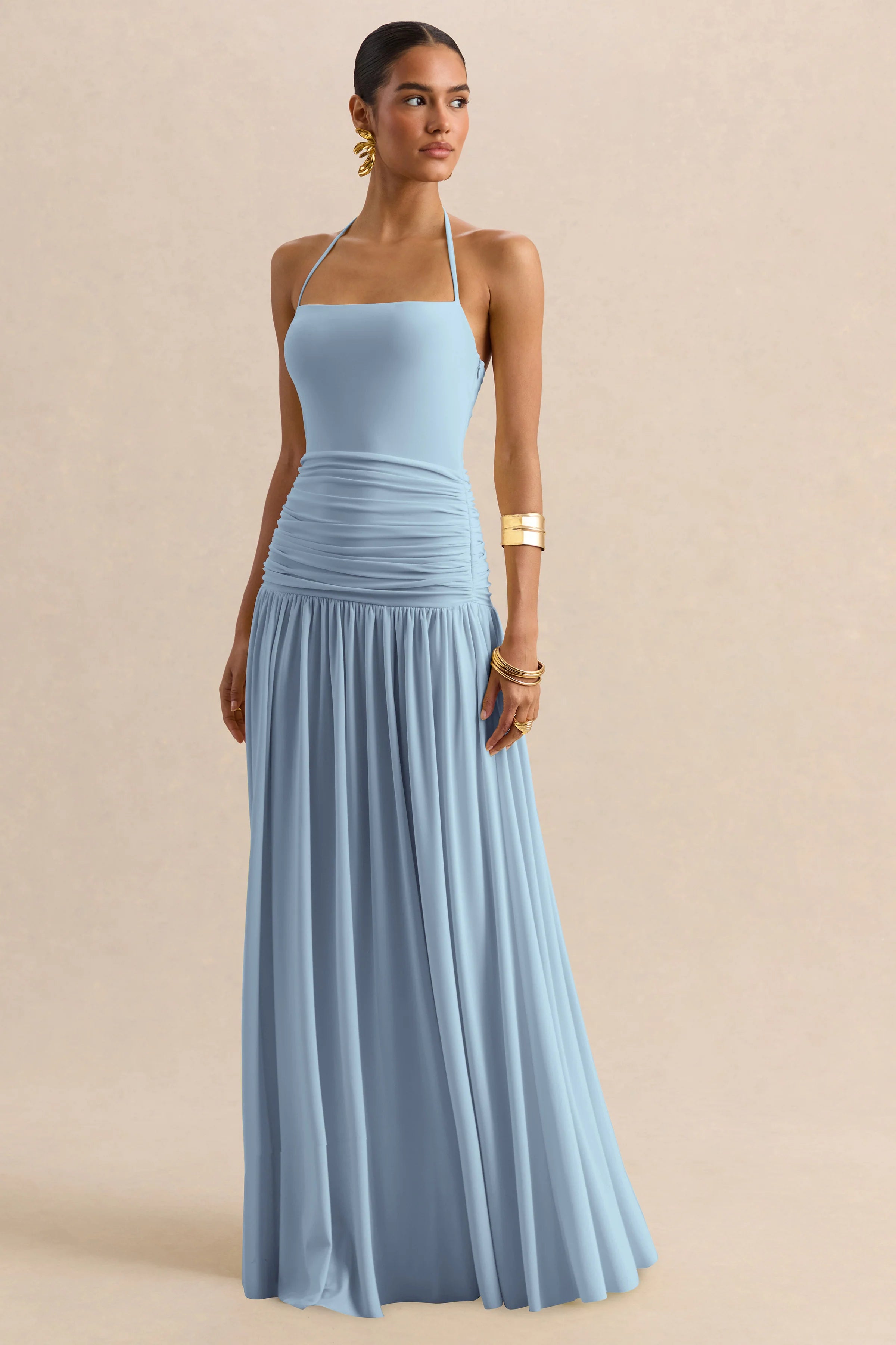Nicolette Powder Blue Square Neck Maxi Dress With Ruched Detailing