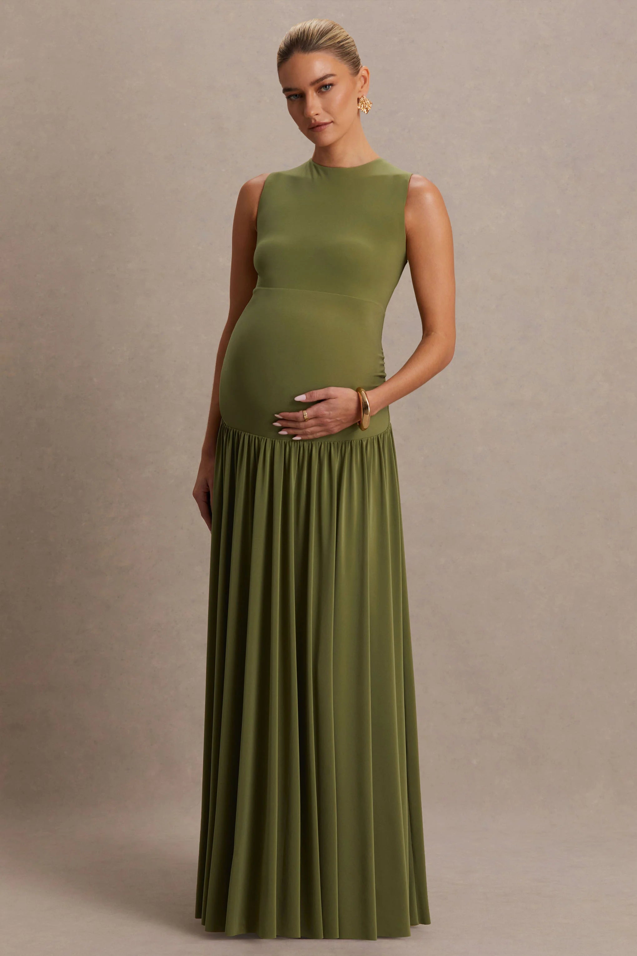 Outline Olive Crew Neck Maternity Maxi Dress With Pleated Skirt