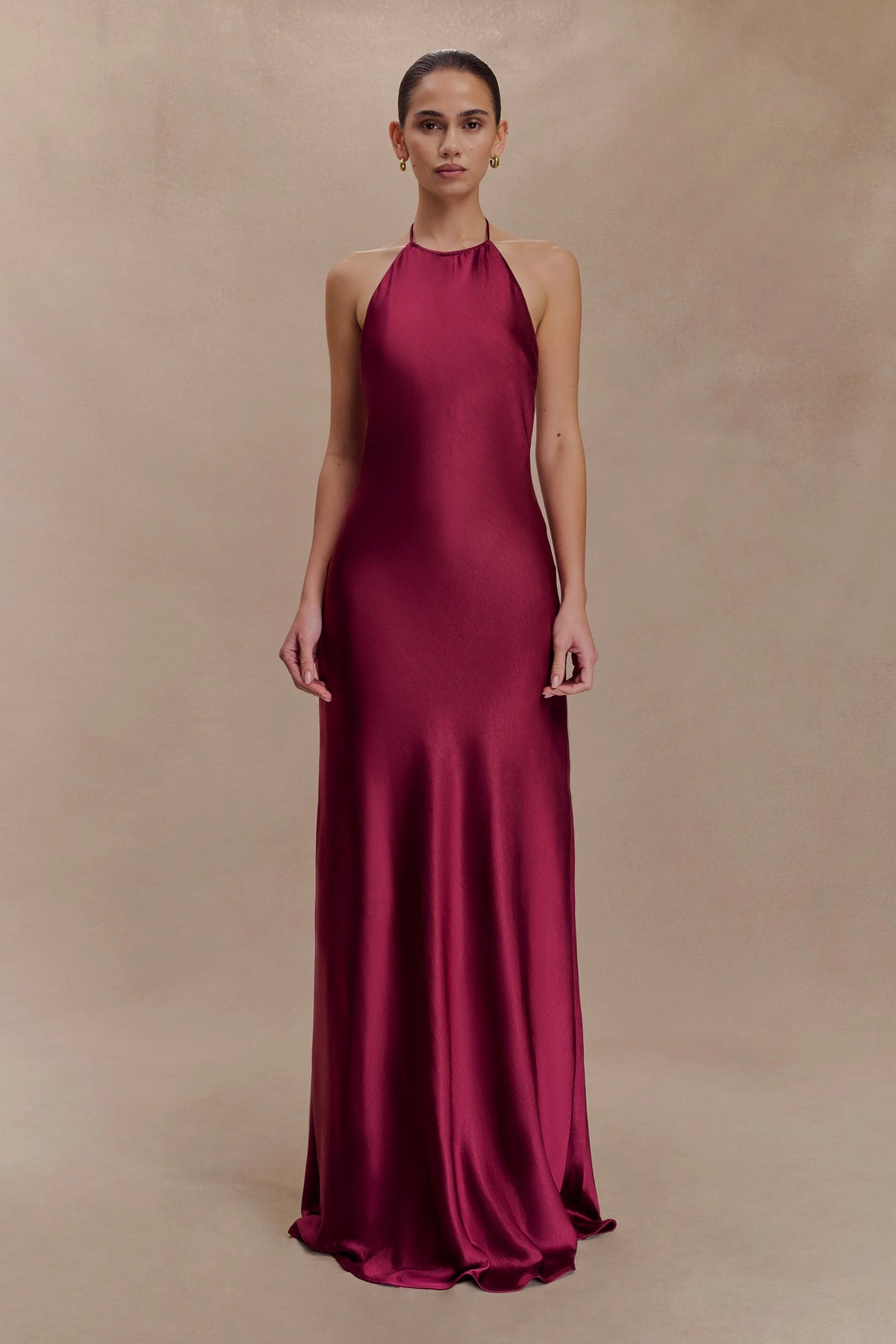 Bella Satin Halter Maxi Dress Mahogany