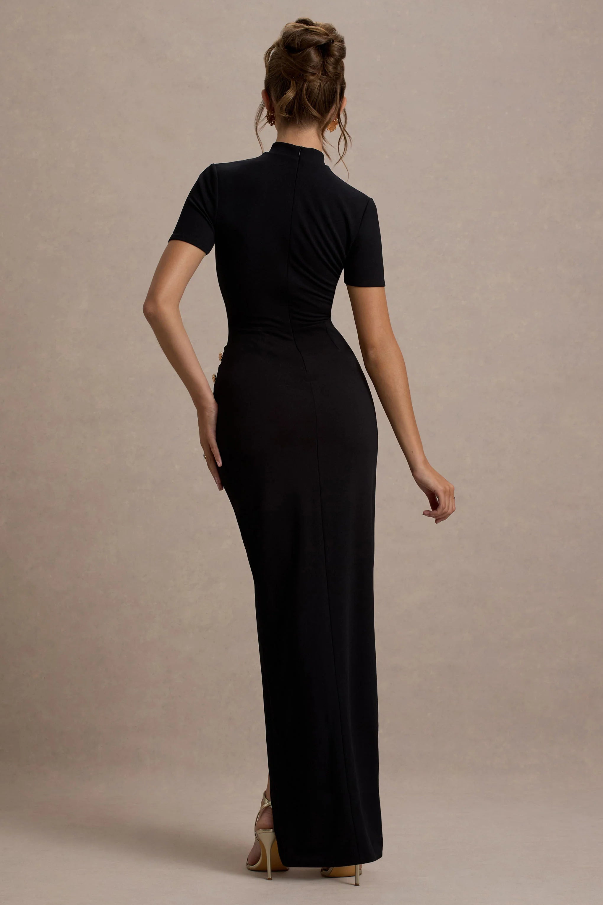 Claudetta Black High Neck Short Sleeve Split Maxi Dress