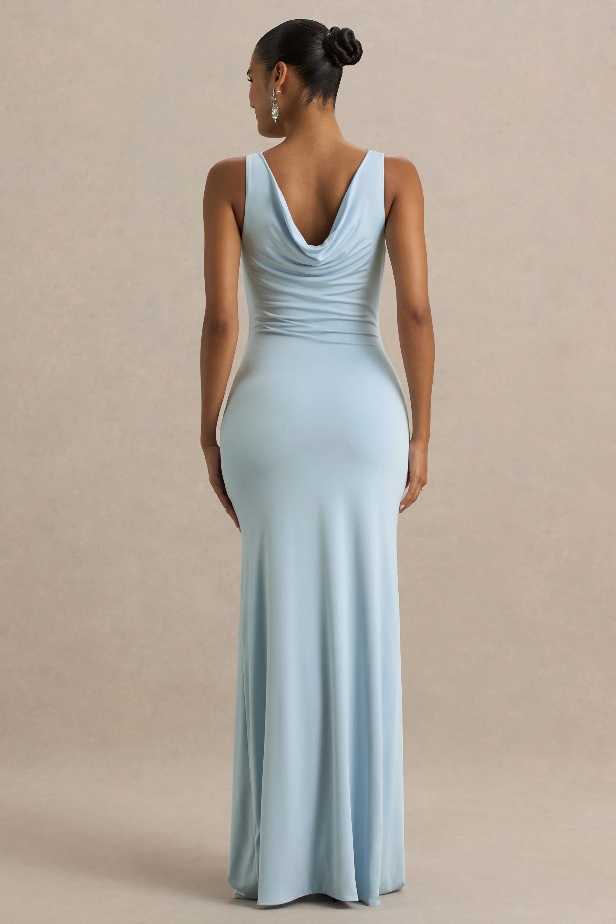 Pure Affection Powder Blue Cowl Neck Maxi Dress With Ruched Detailing And Front High Split