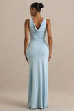 Pure Affection Powder Blue Cowl Neck Maxi Dress With Ruched Detailing And Front High Split