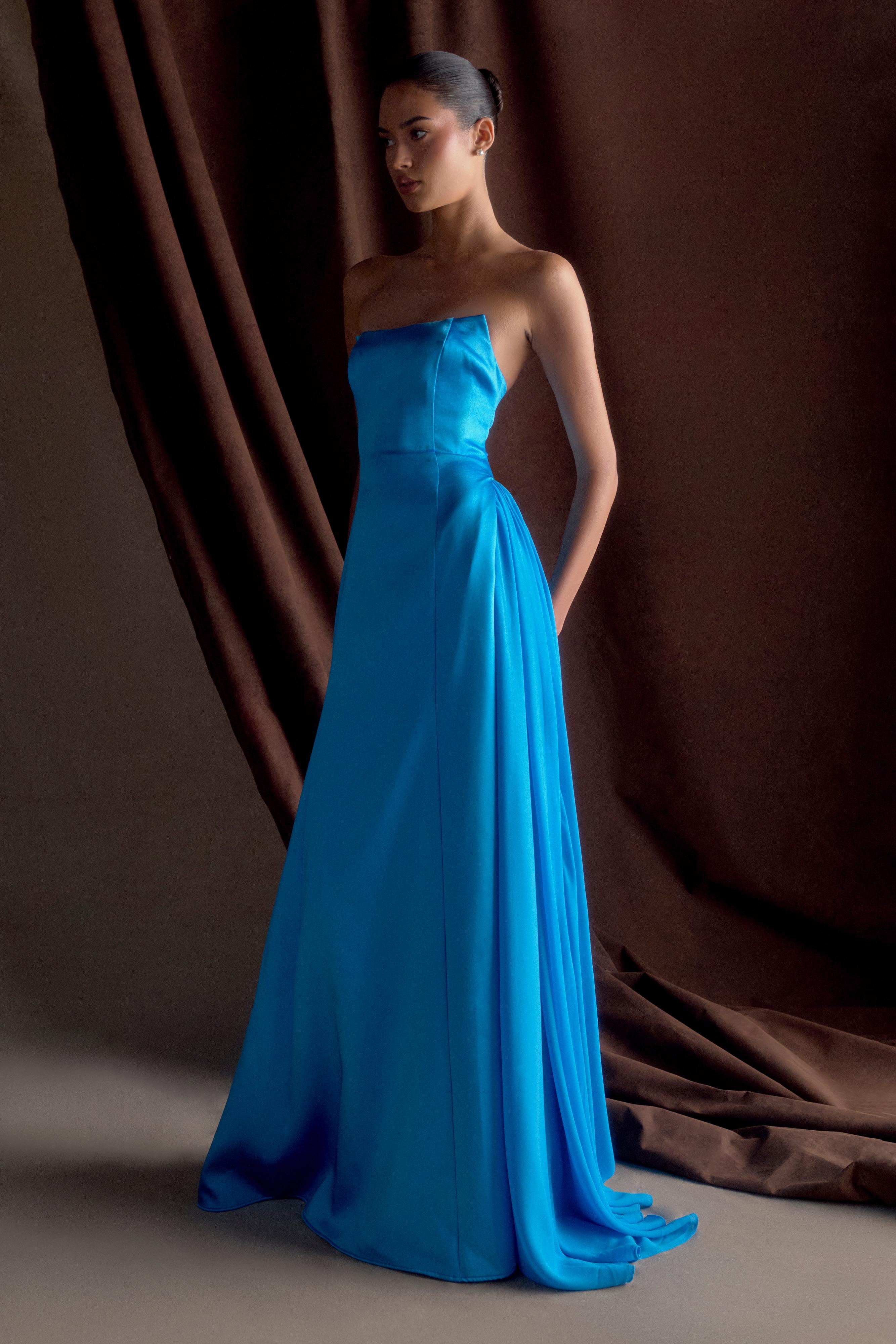 Rosella Satin Strapless Maxi Dress Cyan Blue