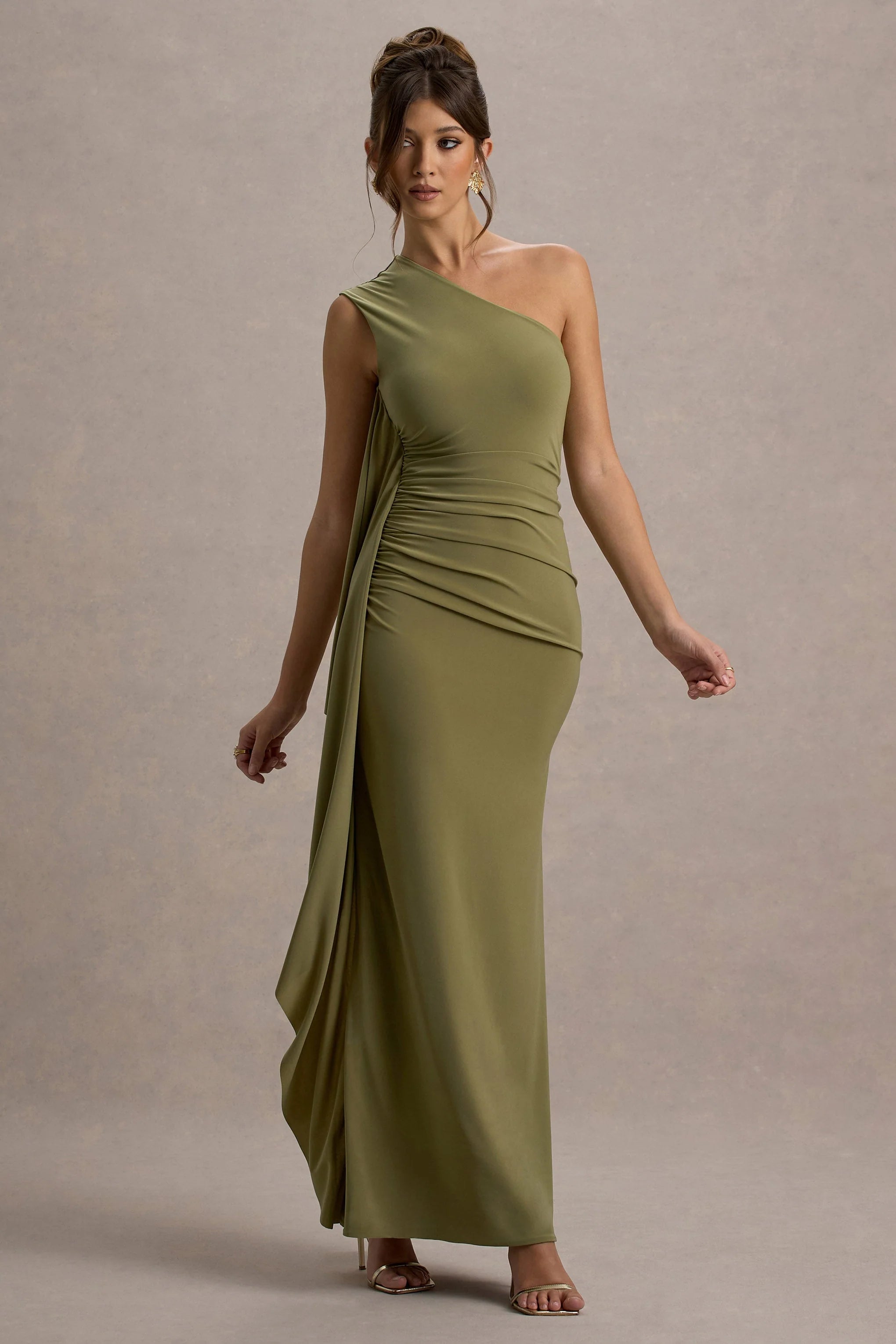 Adelina Olive One Shoulder Maxi Dress With Drape